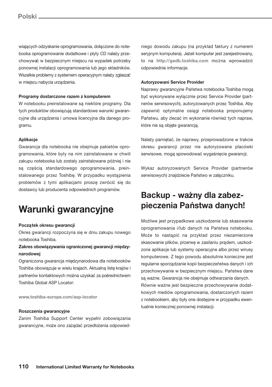 Warunki gwarancyjne, Polski | Toshiba Satellite Pro U300 User Manual | Page 110 / 191