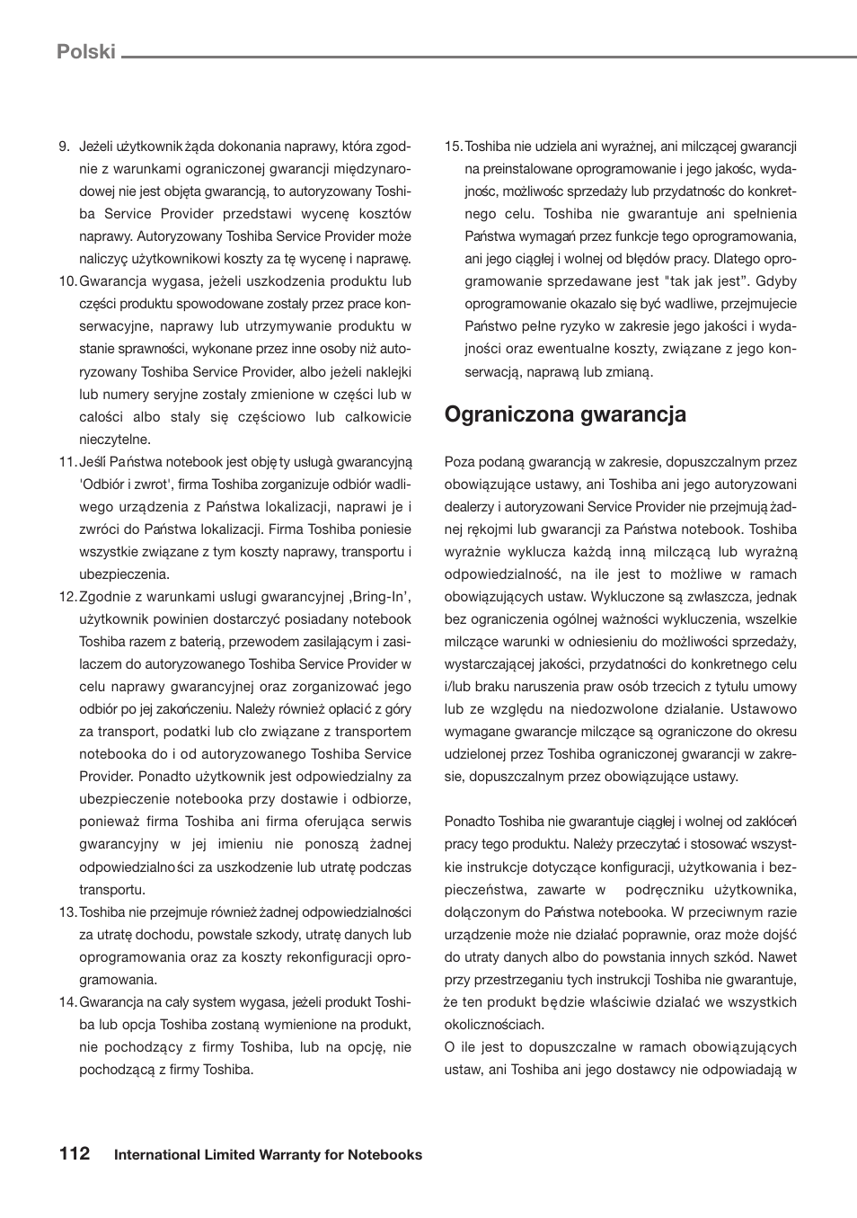 Ograniczona gwarancja, Polski | Toshiba Satellite Pro U300 User Manual | Page 112 / 191