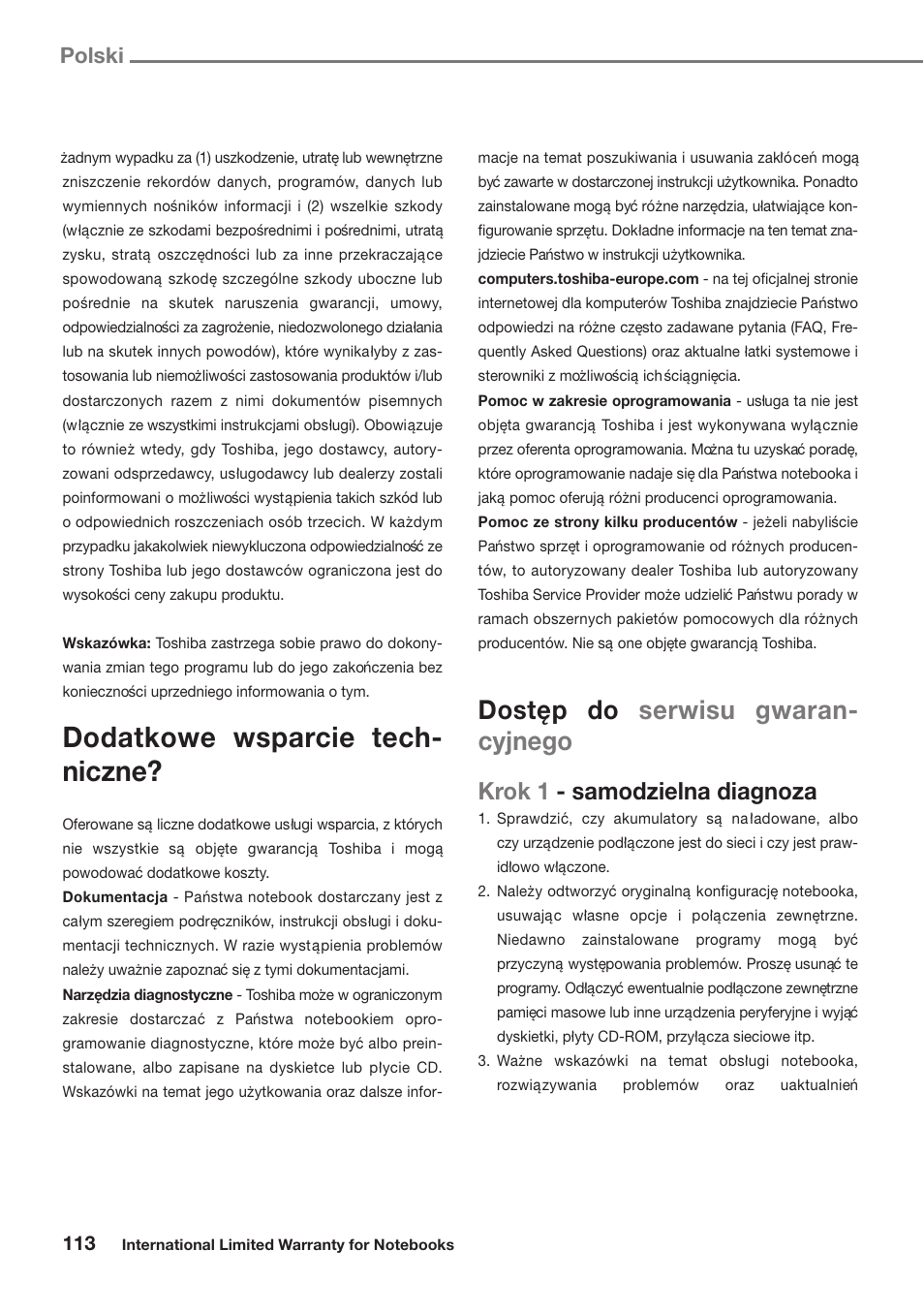 Dodatkowe wsparcie tech- niczne, Doste˛p do serwisu gwaran- cyjnego, Krok 1 - samodzielna diagnoza | Polski | Toshiba Satellite Pro U300 User Manual | Page 113 / 191