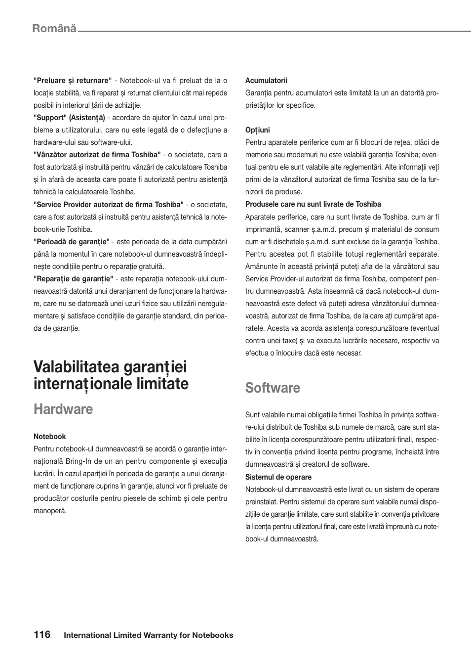 Valabilitatea garanţiei internaţionale limitate, Hardware, Software | Romaˆnaˇ | Toshiba Satellite Pro U300 User Manual | Page 116 / 191