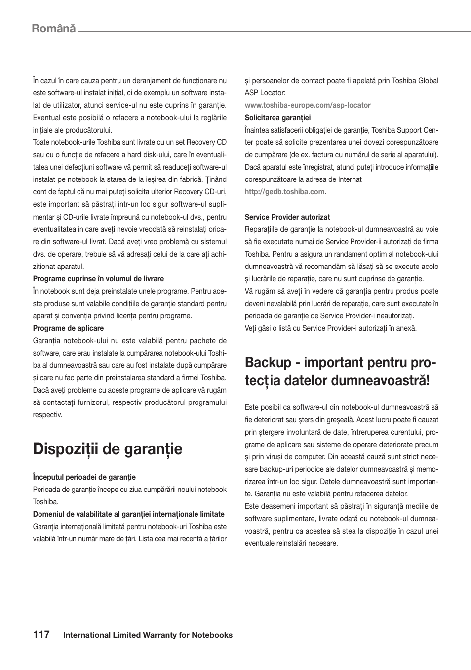 Dispoziţii de garanţie, Romaˆnaˇ | Toshiba Satellite Pro U300 User Manual | Page 117 / 191