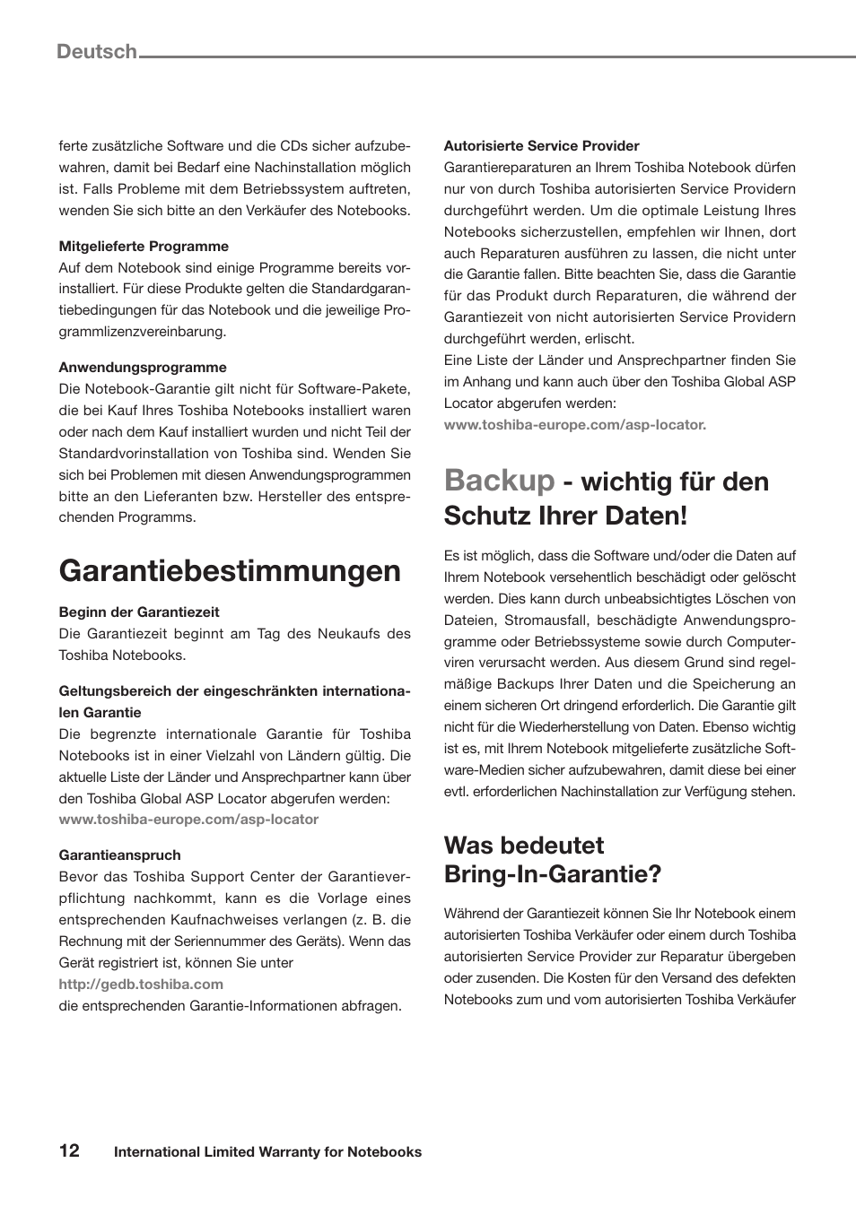 Garantiebestimmungen, Backup, Wichtig für den schutz ihrer daten | Was bedeutet bring-in-garantie, Deutsch | Toshiba Satellite Pro U300 User Manual | Page 12 / 191