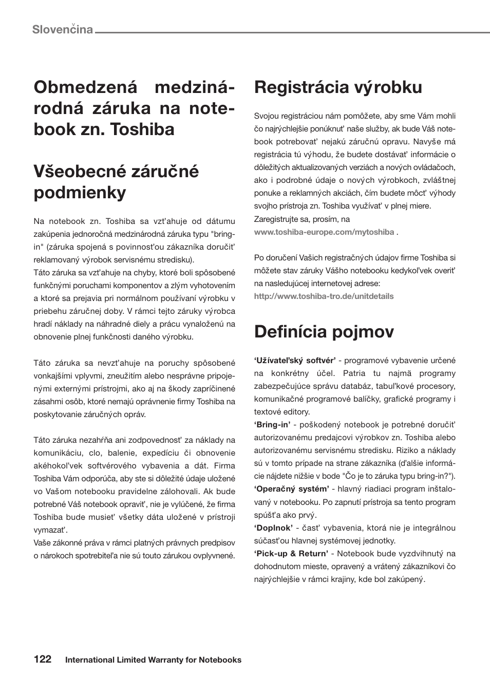 Slovencina, Registrácia vy´ robku, Definícia pojmov | Toshiba Satellite Pro U300 User Manual | Page 122 / 191