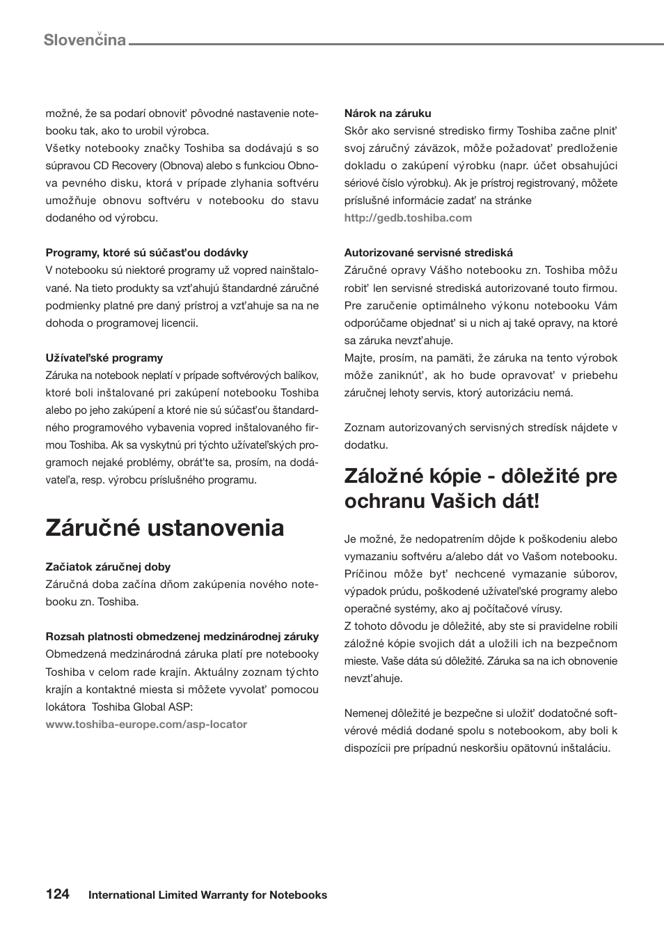 Zárucˇné ustanovenia, Slovencina | Toshiba Satellite Pro U300 User Manual | Page 124 / 191