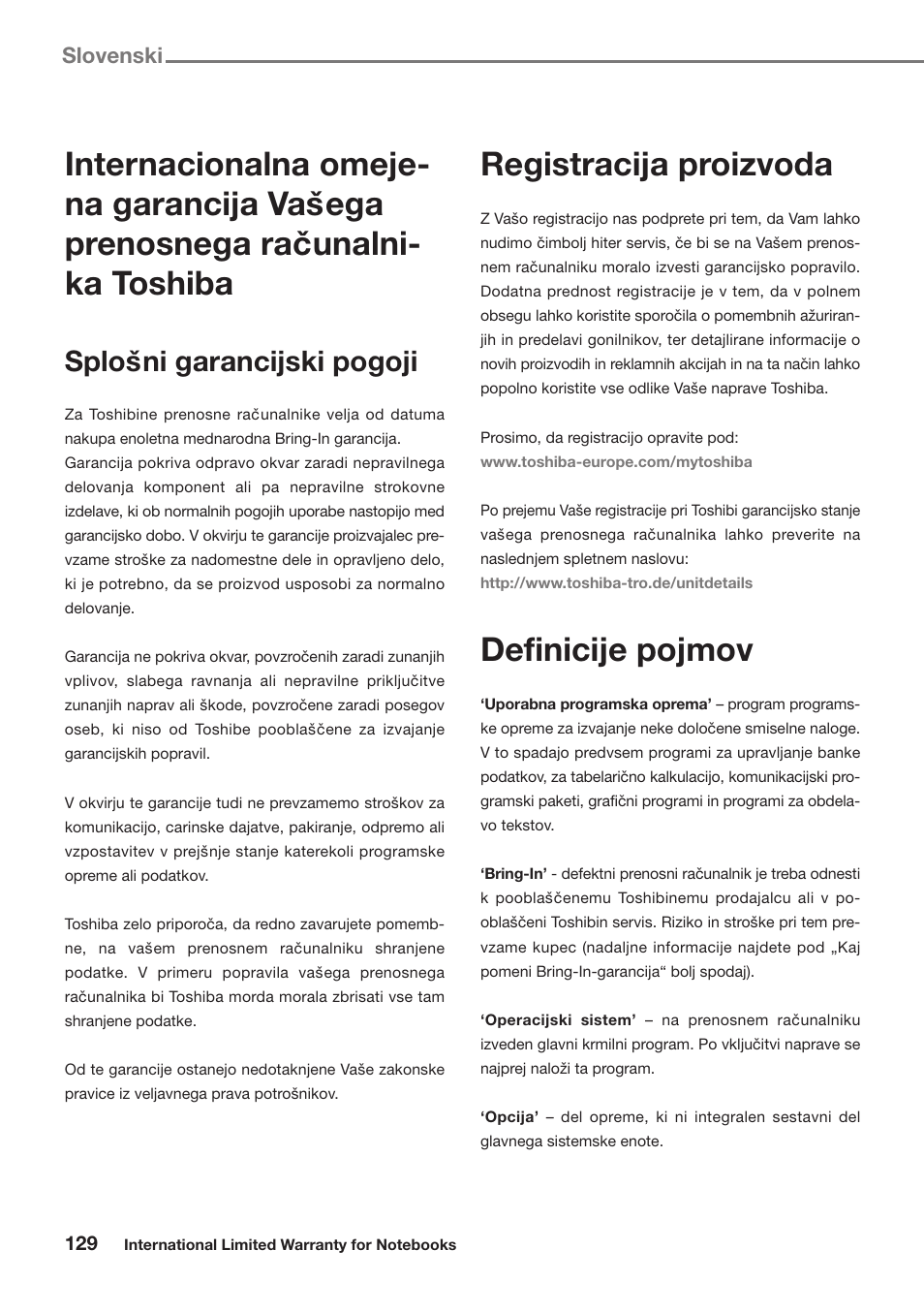 Slovenski, Registracija proizvoda, Definicije pojmov | Splosˇni garancijski pogoji | Toshiba Satellite Pro U300 User Manual | Page 129 / 191