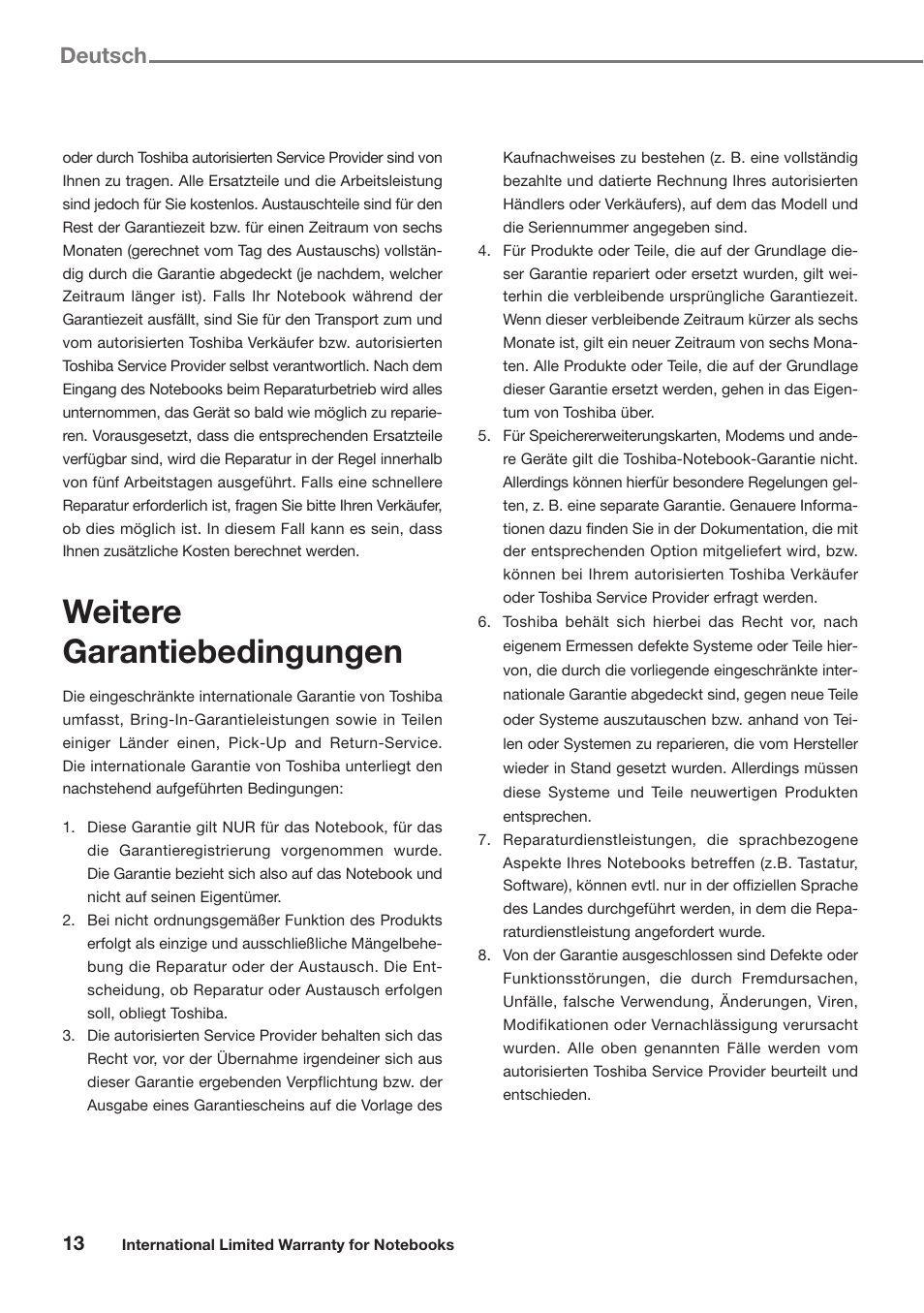 Weitere garantiebedingungen, Deutsch | Toshiba Satellite Pro U300 User Manual | Page 13 / 191