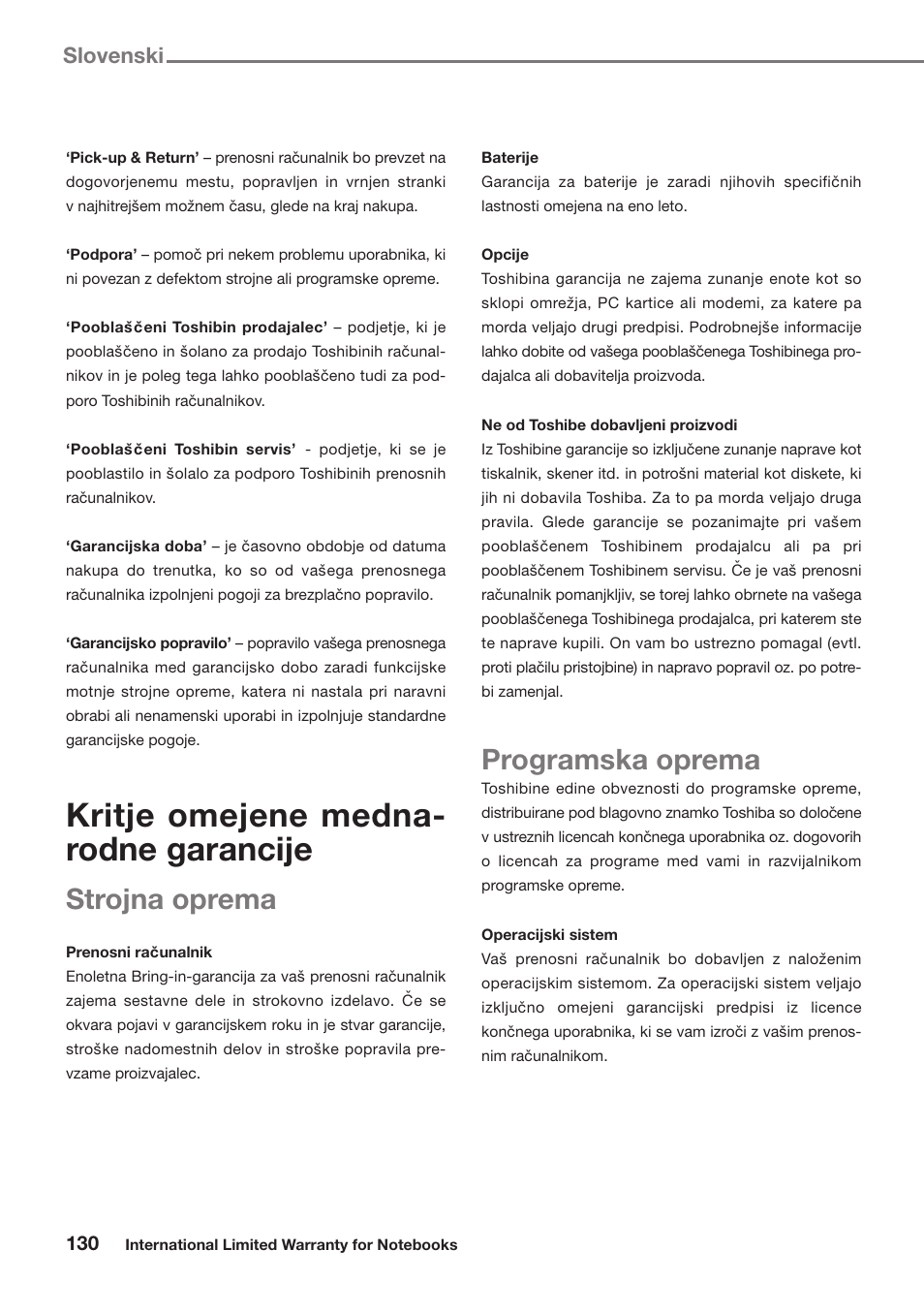 Kritje omejene medna- rodne garancije, Strojna oprema, Programska oprema | Slovenski | Toshiba Satellite Pro U300 User Manual | Page 130 / 191