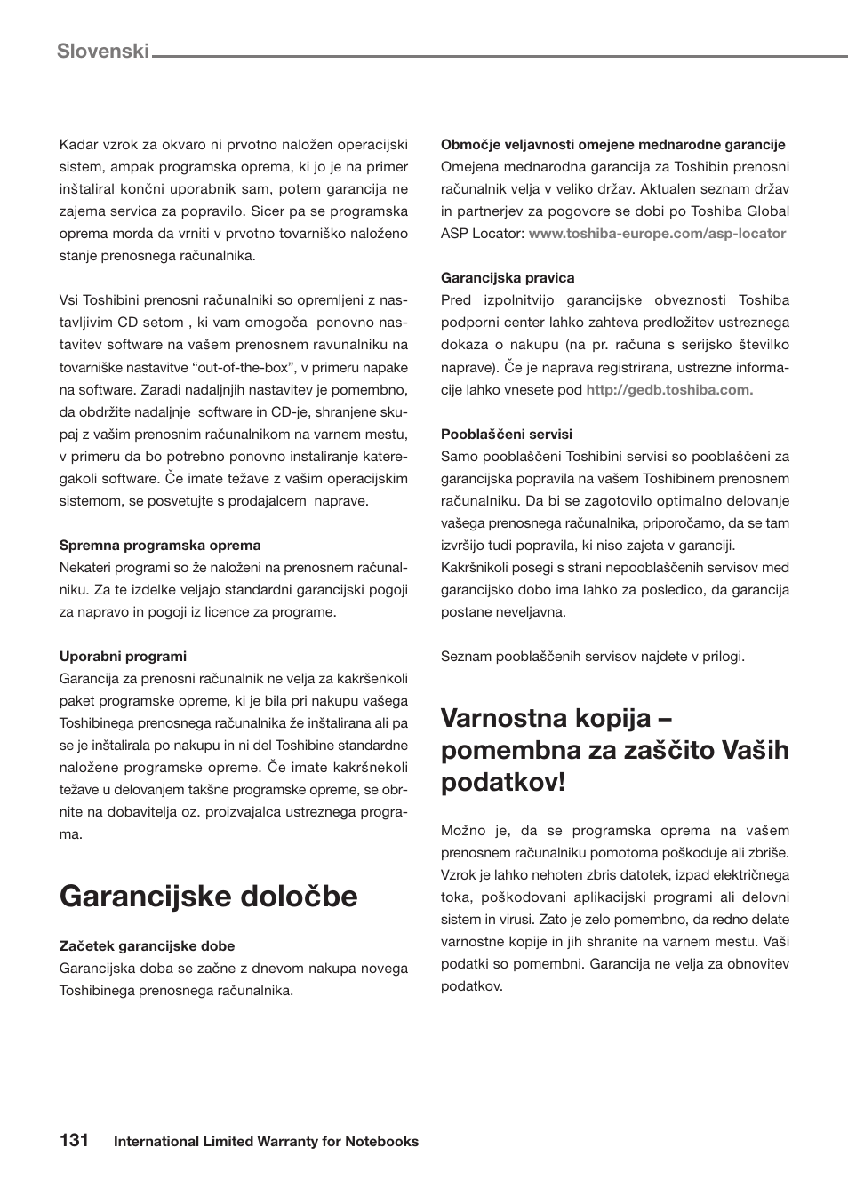 Garancijske dolocˇbe, Slovenski | Toshiba Satellite Pro U300 User Manual | Page 131 / 191