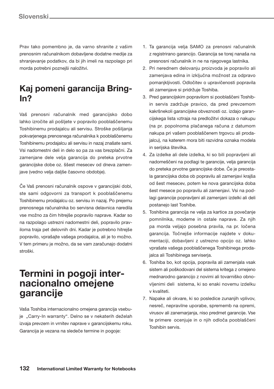 Kaj pomeni garancija bring- in, Slovenski | Toshiba Satellite Pro U300 User Manual | Page 132 / 191