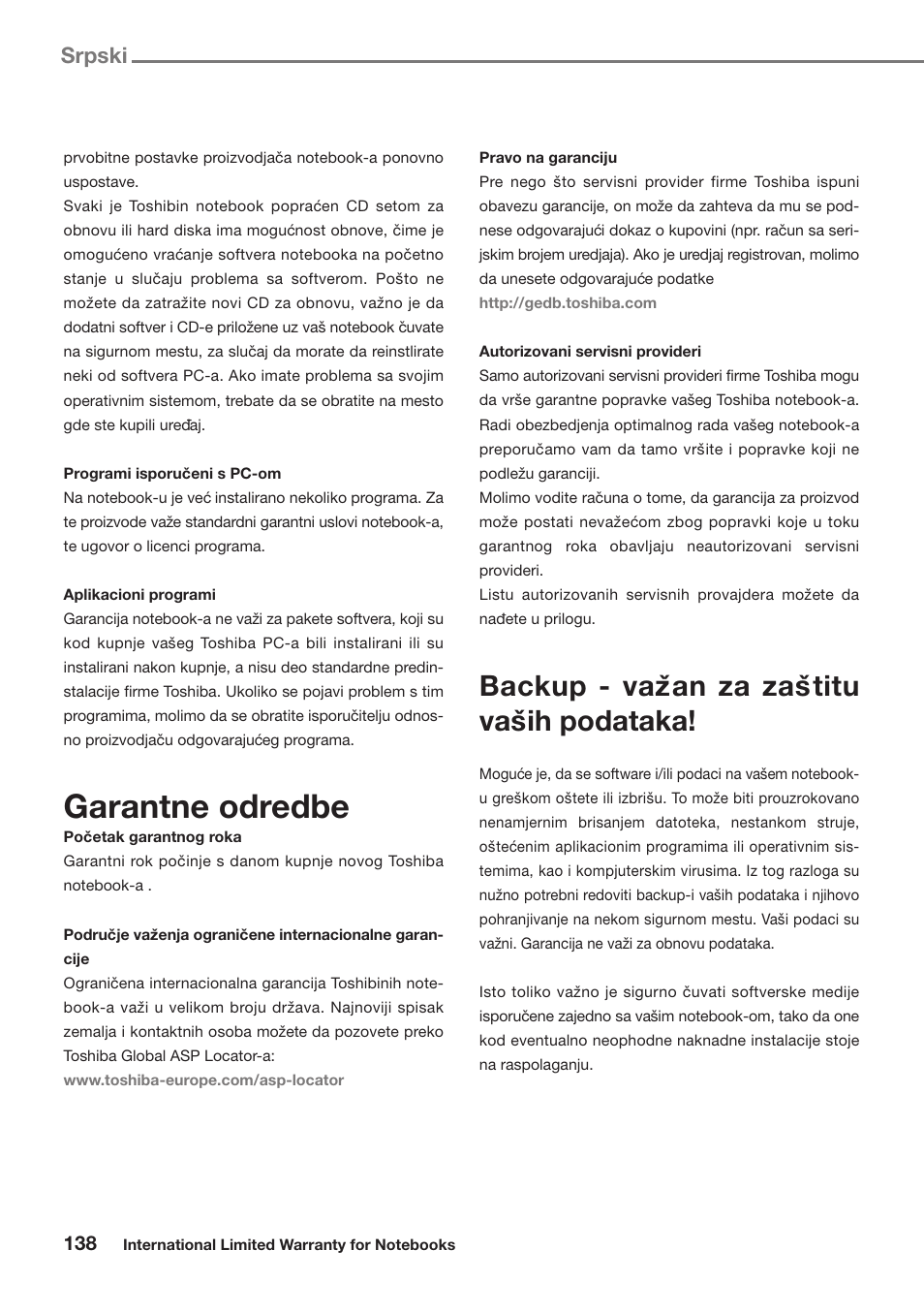 Garantne odredbe, Backup - vazˇan za zasˇtitu vasˇih podataka, Srpski | Toshiba Satellite Pro U300 User Manual | Page 138 / 191