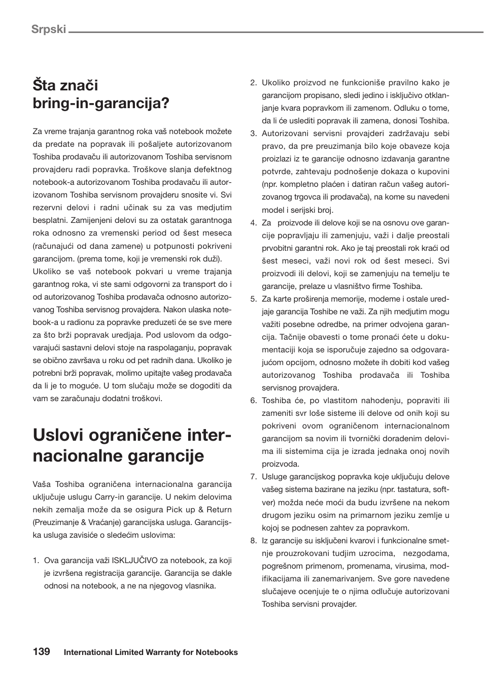 Uslovi ogranicˇene inter- nacionalne garancije, Sˇta znacˇi bring-in-garancija, Srpski | Toshiba Satellite Pro U300 User Manual | Page 139 / 191