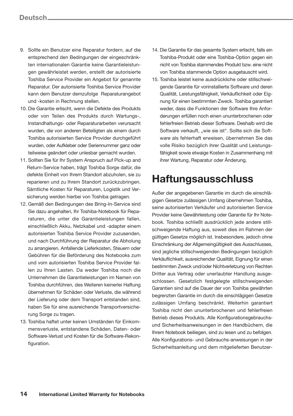 Haftungsausschluss, Deutsch | Toshiba Satellite Pro U300 User Manual | Page 14 / 191