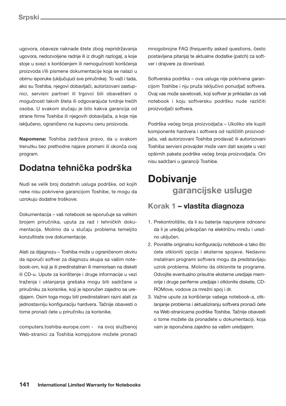 Dobivanje, Dodatna tehnicˇka podrsˇka, Garancijske usluge | Korak 1 – vlastita diagnoza, Srpski | Toshiba Satellite Pro U300 User Manual | Page 141 / 191