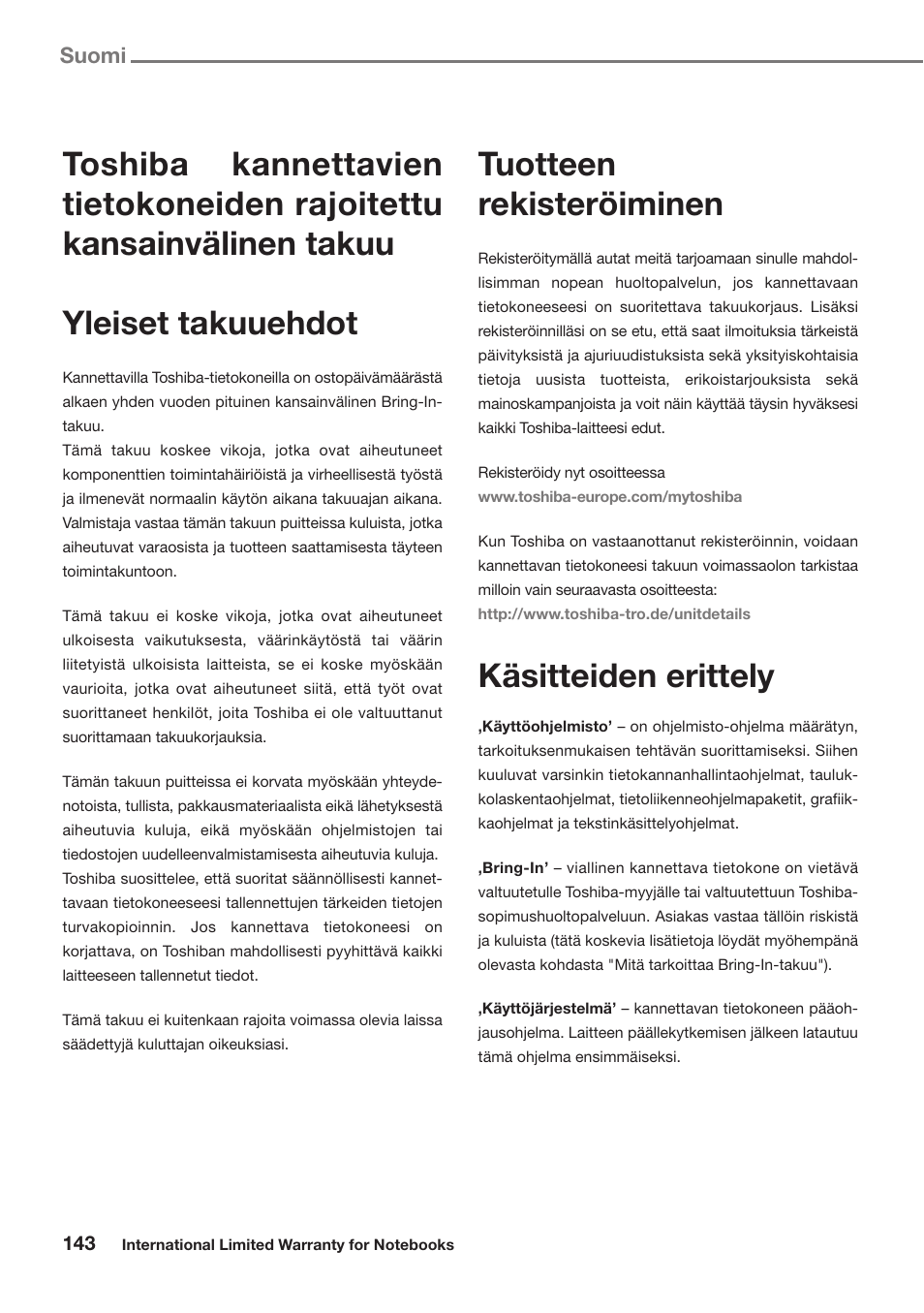 Suomi, Tuotteen rekisteröiminen, Käsitteiden erittely | Toshiba Satellite Pro U300 User Manual | Page 143 / 191