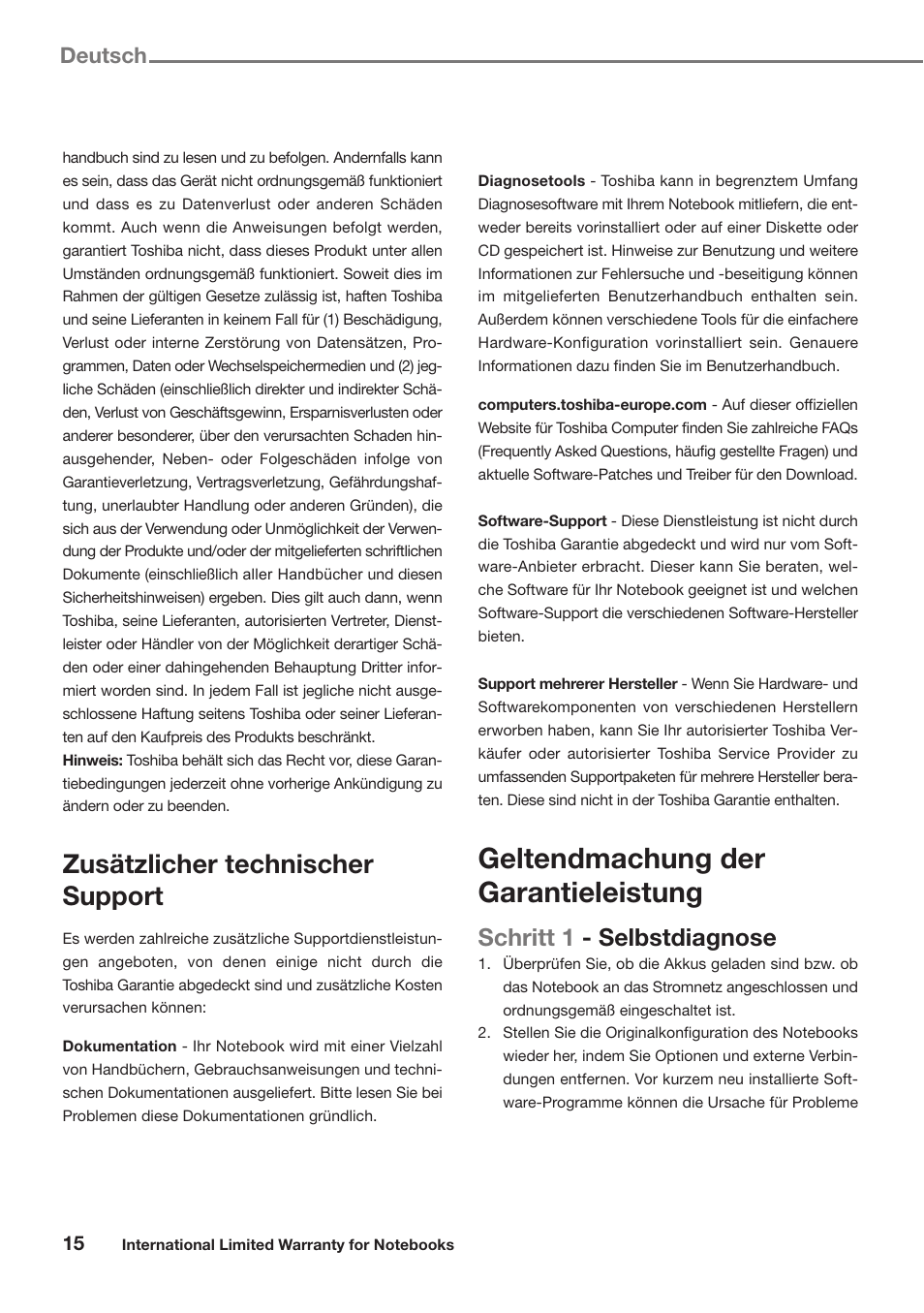 Geltendmachung der garantieleistung, Zusätzlicher technischer support, Schritt 1 - selbstdiagnose | Deutsch | Toshiba Satellite Pro U300 User Manual | Page 15 / 191