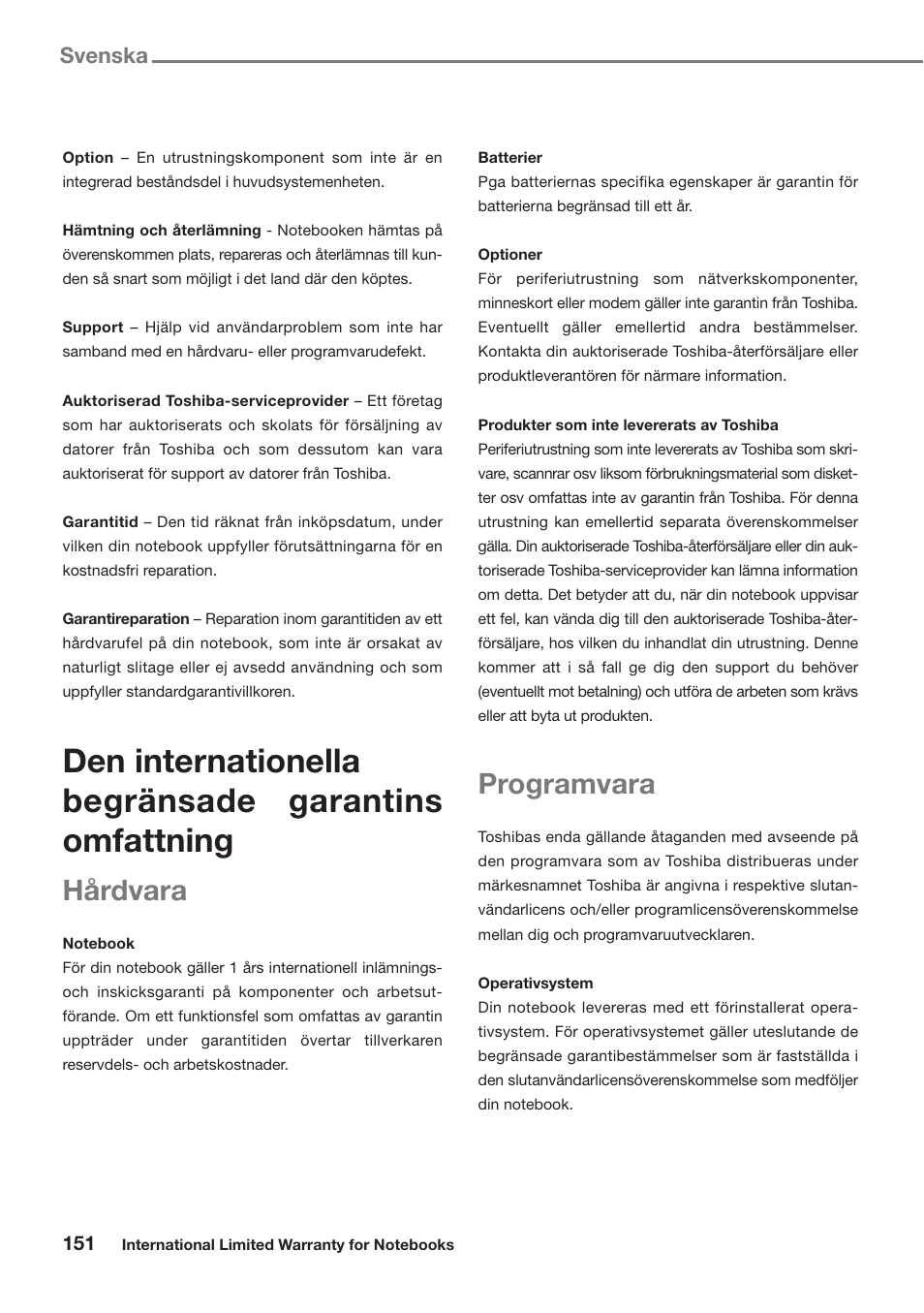 Hårdvara, Programvara, Svenska | Toshiba Satellite Pro U300 User Manual | Page 151 / 191