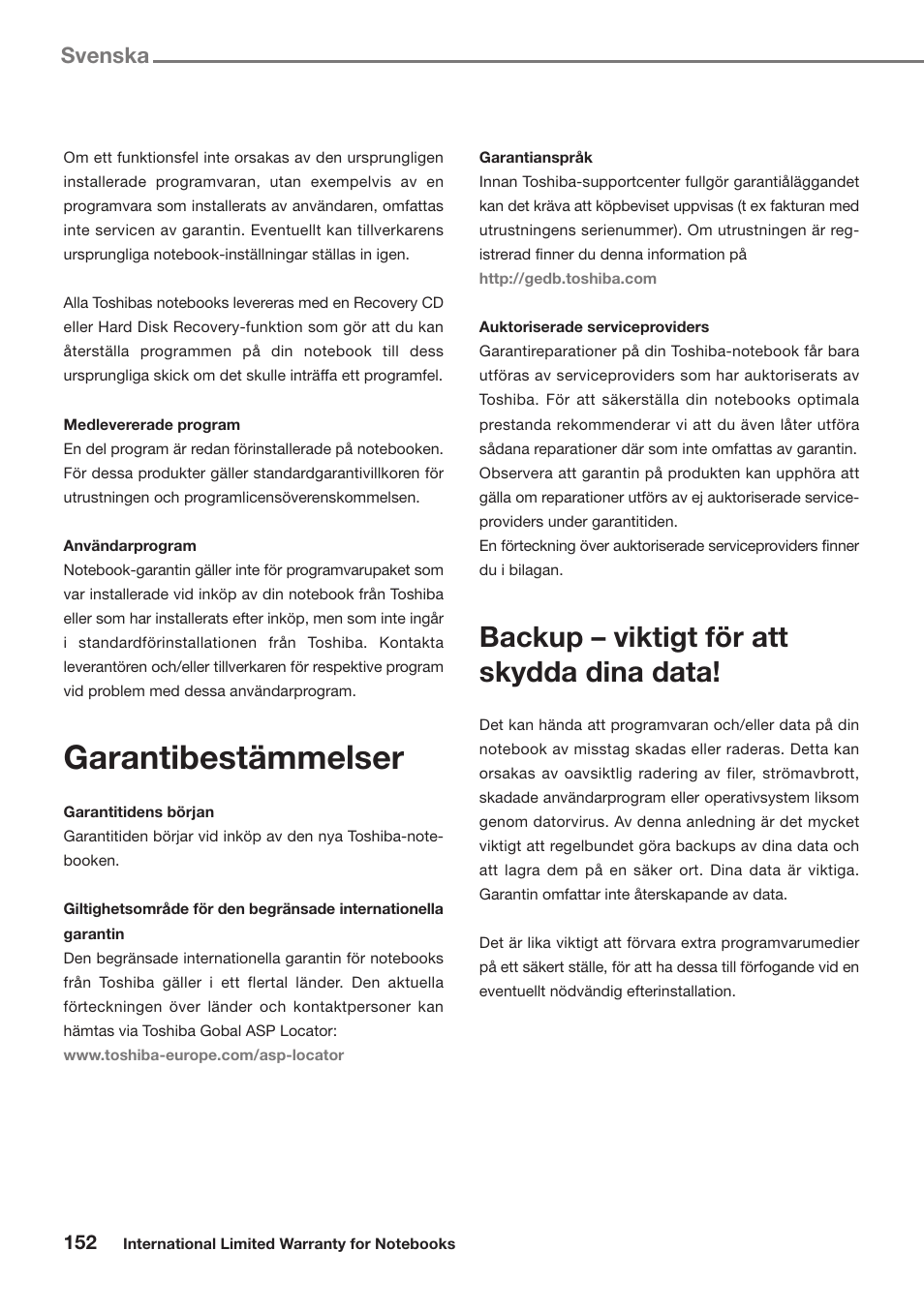 Garantibestämmelser, Backup – viktigt för att skydda dina data, Svenska | Toshiba Satellite Pro U300 User Manual | Page 152 / 191