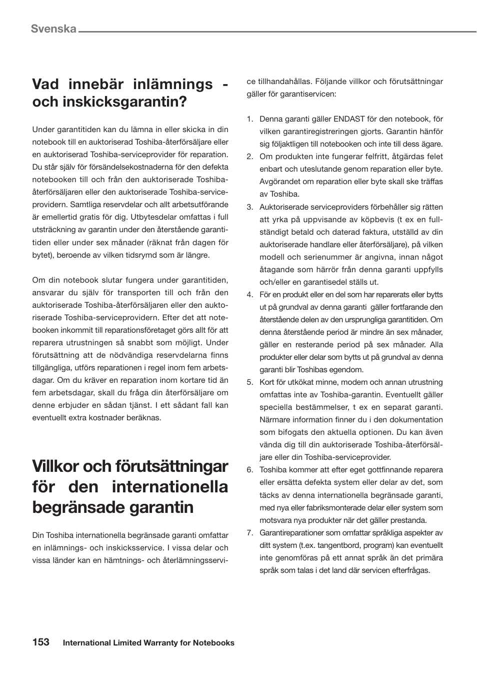 Vad innebär inlämnings - och inskicksgarantin, Svenska | Toshiba Satellite Pro U300 User Manual | Page 153 / 191