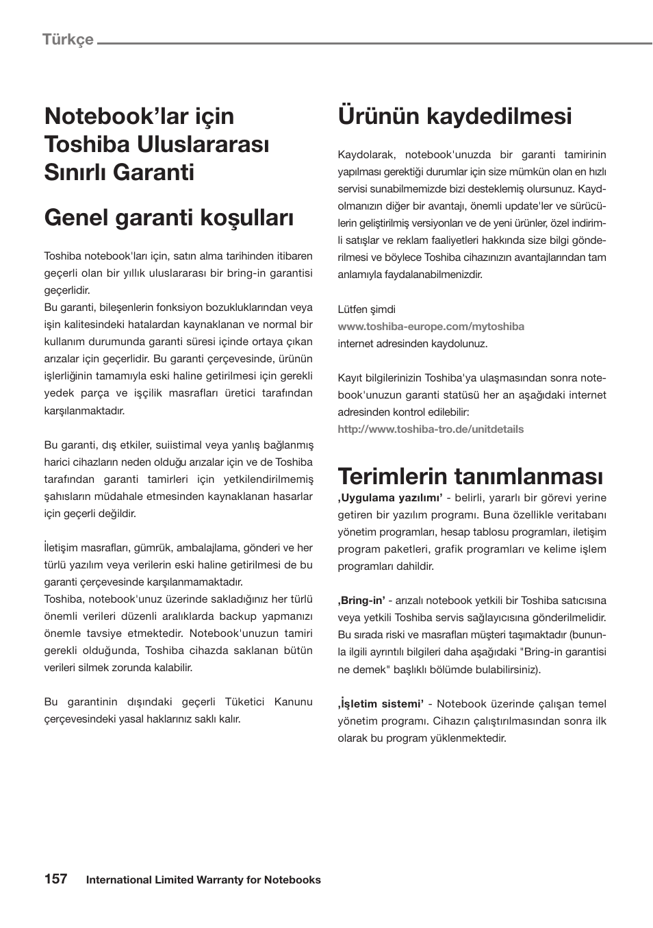 Türkçe, Ürünün kaydedilmesi, Terimlerin tanımlanması | Toshiba Satellite Pro U300 User Manual | Page 157 / 191