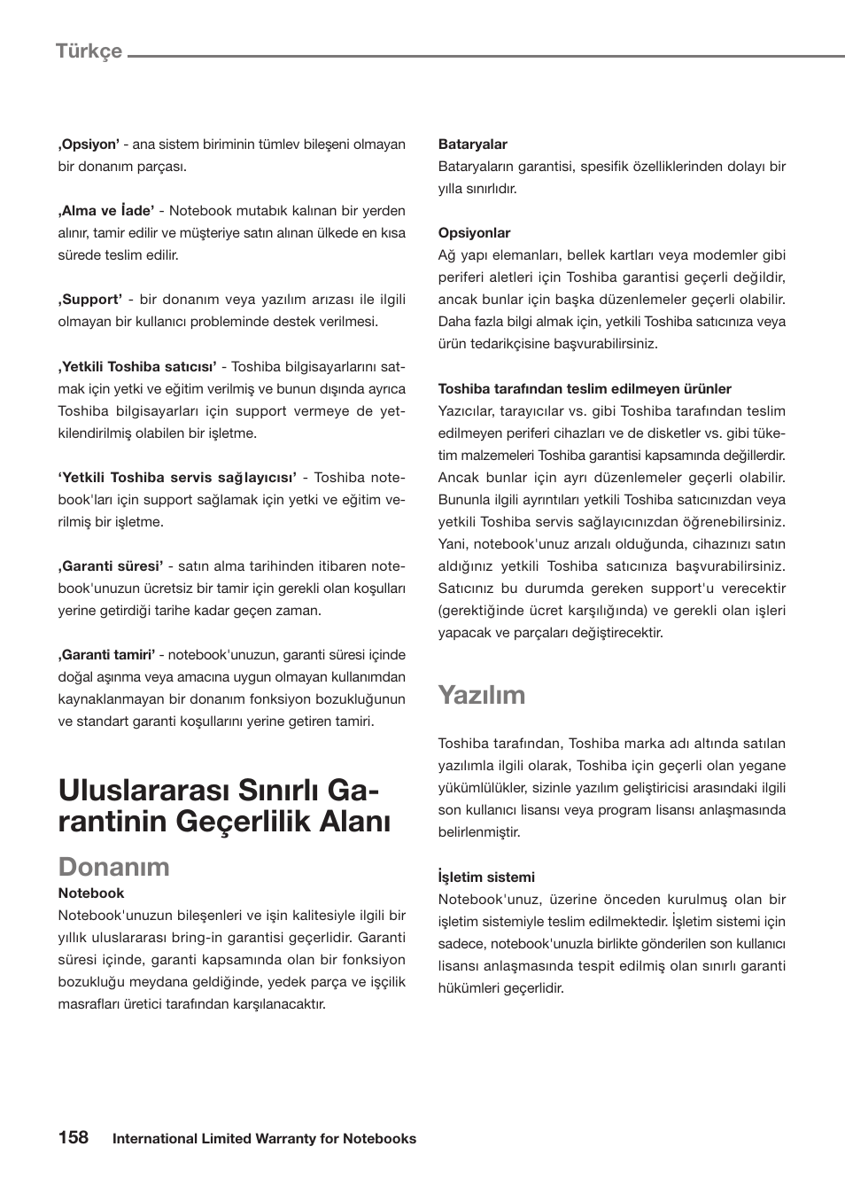 Uluslararası sınırlı ga- rantinin geçerlilik alanı, Donanım, Yazılım | Türkçe | Toshiba Satellite Pro U300 User Manual | Page 158 / 191