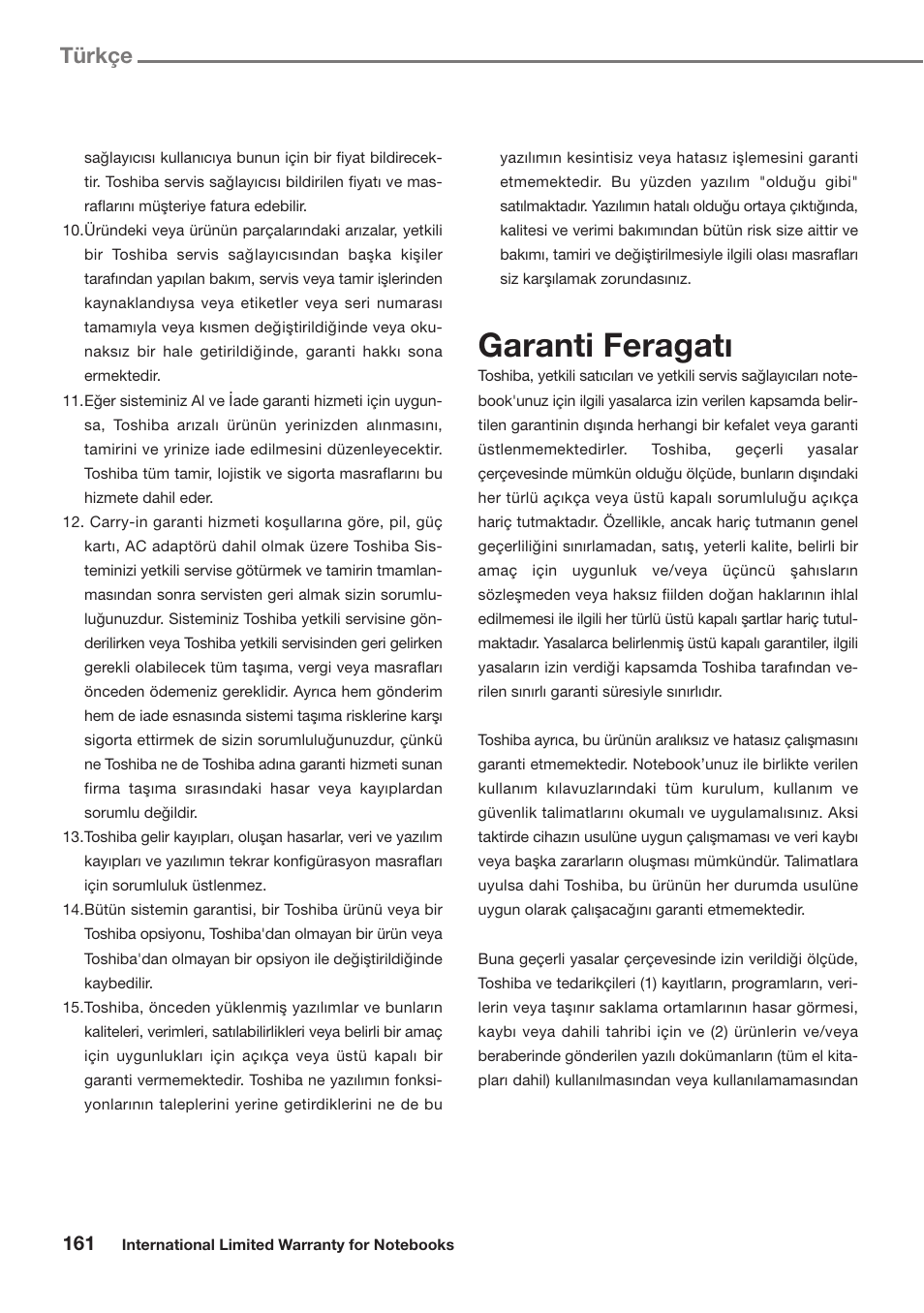 Garanti feragatı, Türkçe | Toshiba Satellite Pro U300 User Manual | Page 161 / 191