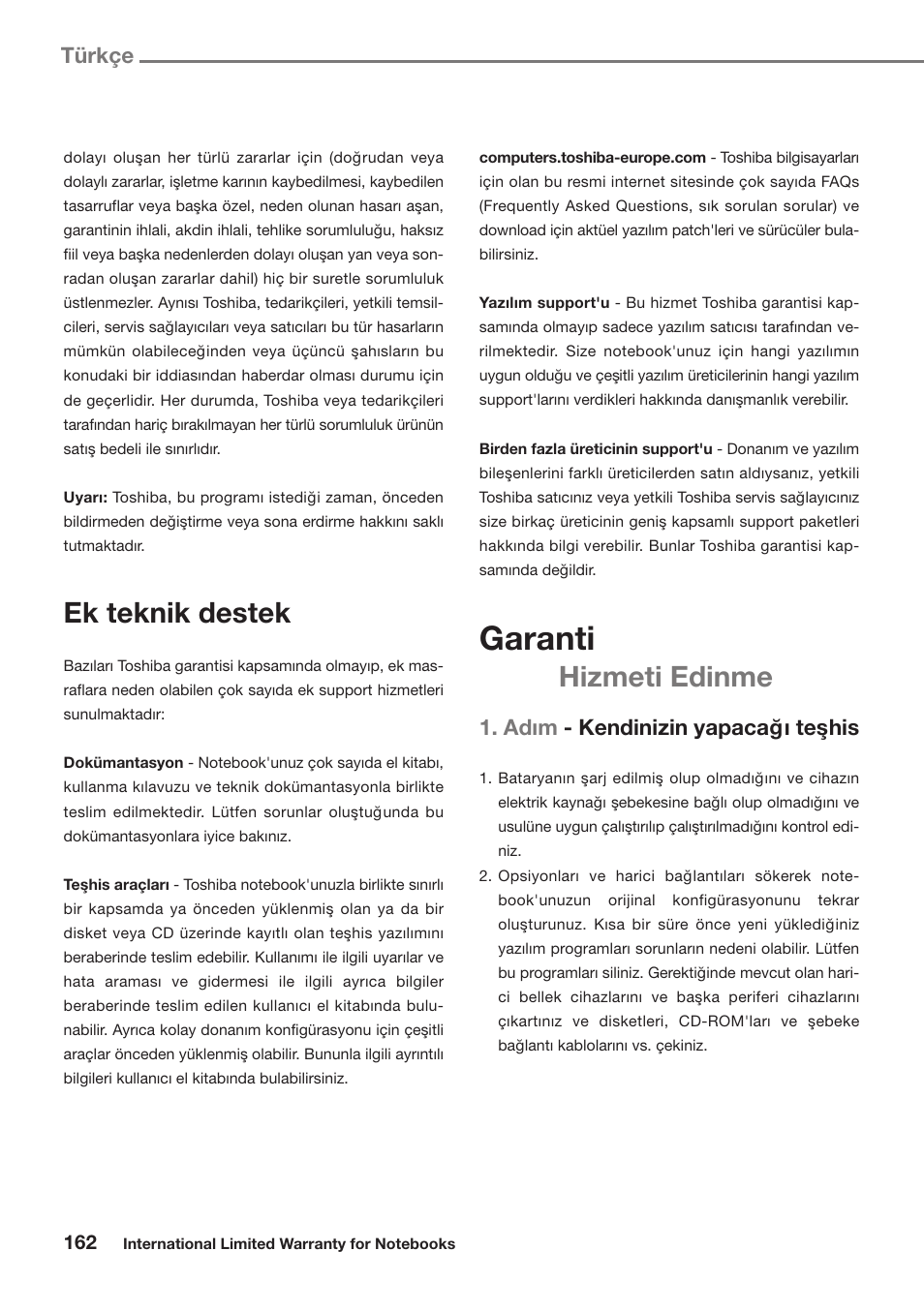 Garanti, Ek teknik destek, Hizmeti edinme | Adım - kendinizin yapacag˘ı tes¸his, Türkçe | Toshiba Satellite Pro U300 User Manual | Page 162 / 191