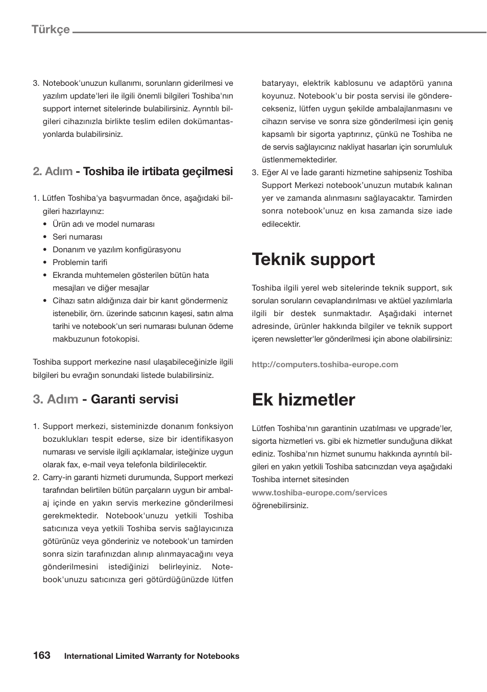 Teknik support, Ek hizmetler, Adım - garanti servisi | Adım - toshiba ile irtibata geçilmesi, Türkçe | Toshiba Satellite Pro U300 User Manual | Page 163 / 191