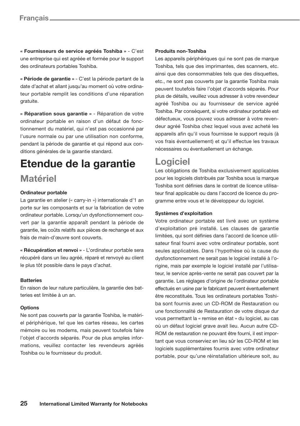 Etendue de la garantie, Matériel, Logiciel | Français | Toshiba Satellite Pro U300 User Manual | Page 25 / 191
