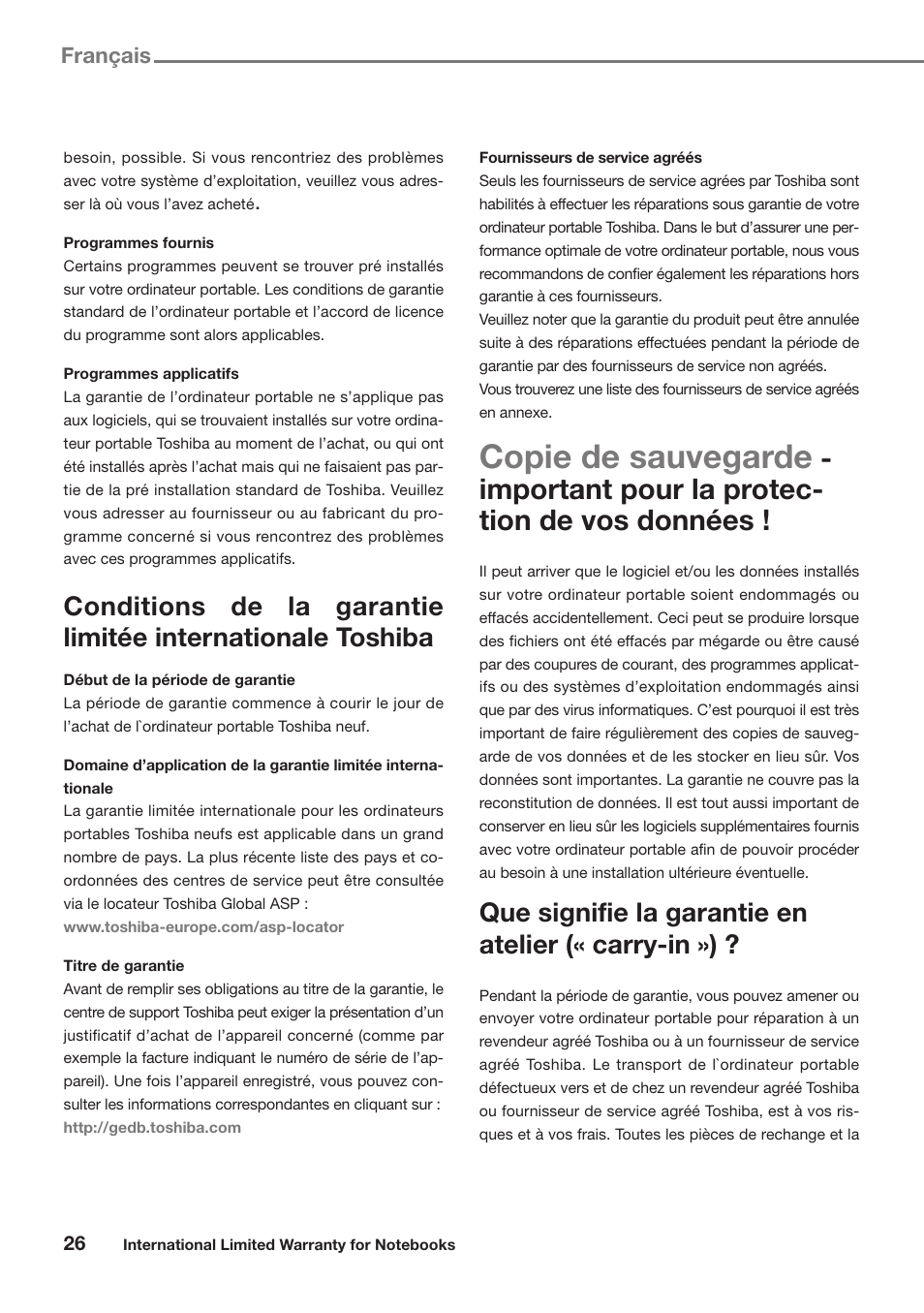 Copie de sauvegarde, Important pour la protec- tion de vos données, Que signifie la garantie en atelier (« carry-in ») | Français | Toshiba Satellite Pro U300 User Manual | Page 26 / 191