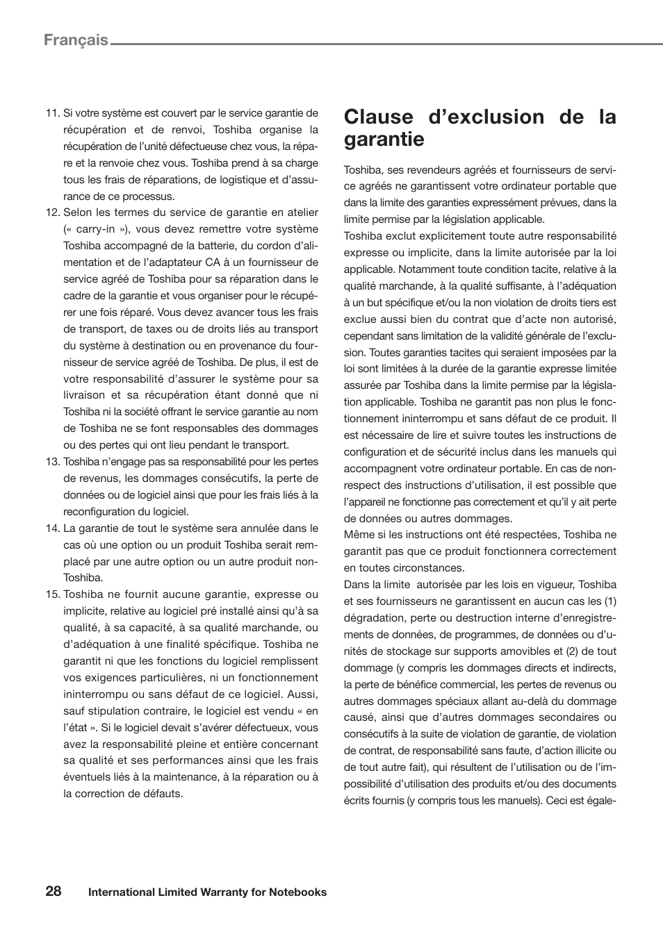 Clause d’exclusion de la garantie, Français | Toshiba Satellite Pro U300 User Manual | Page 28 / 191