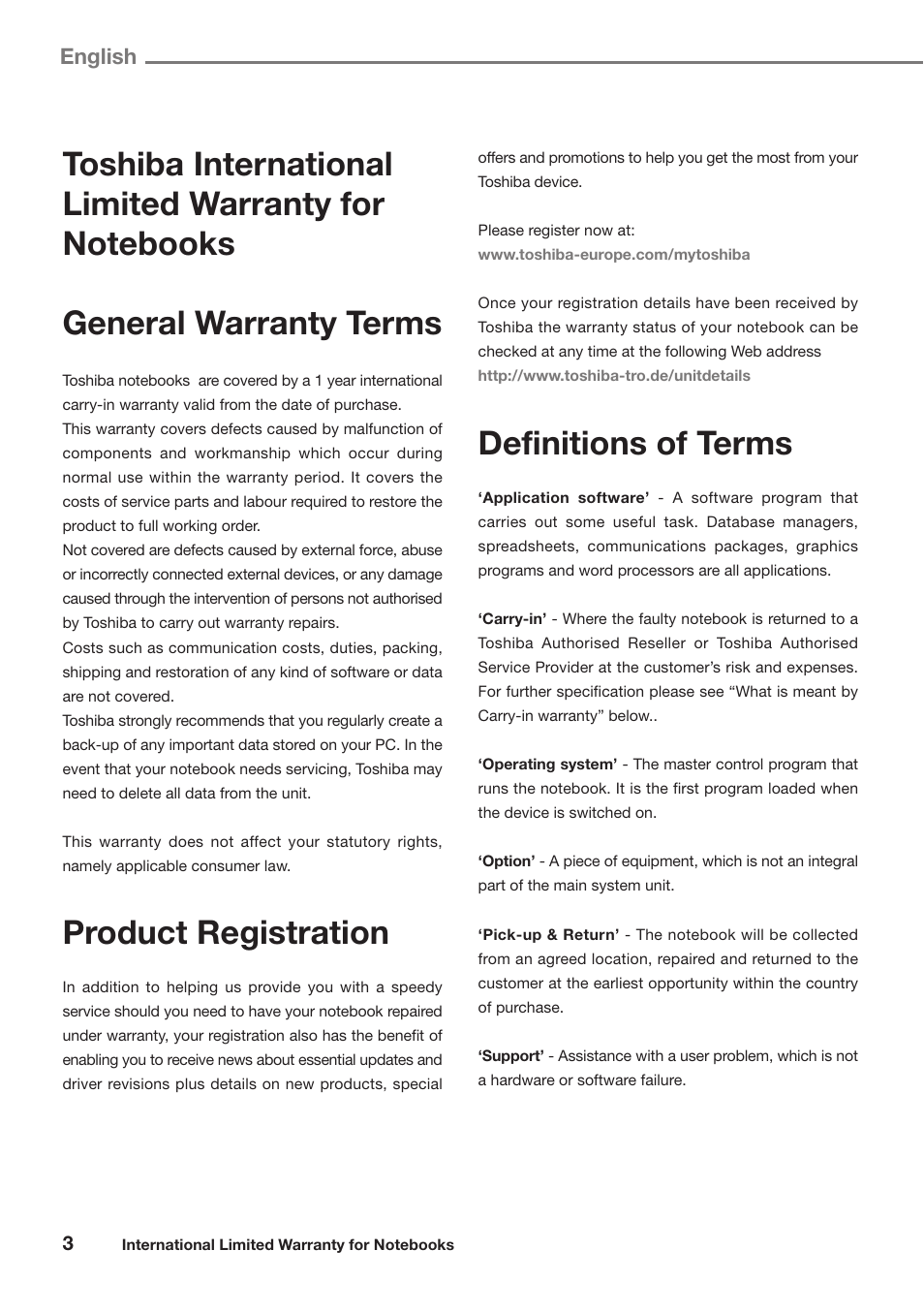 English, Product registration, Definitions of terms | Toshiba Satellite Pro U300 User Manual | Page 3 / 191