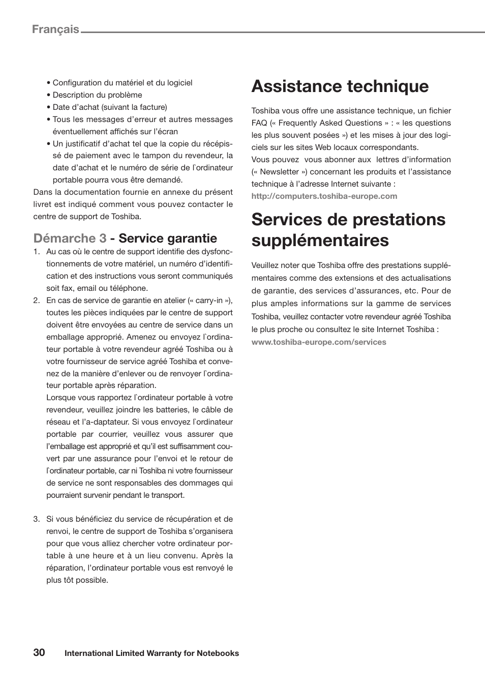 Assistance technique, Services de prestations supplémentaires, Démarche 3 - service garantie | Français | Toshiba Satellite Pro U300 User Manual | Page 30 / 191