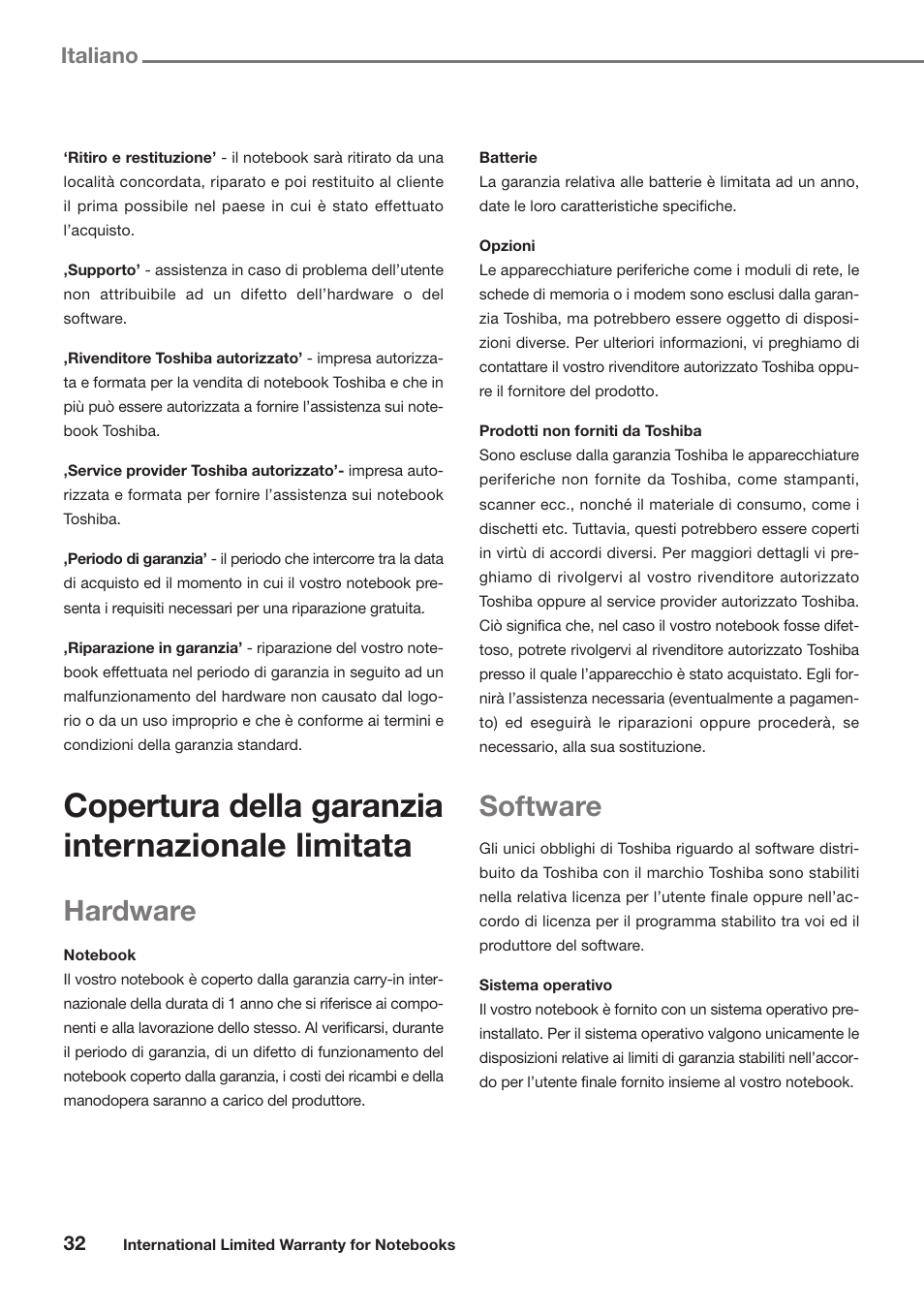 Copertura della garanzia internazionale limitata, Hardware, Software | Italiano | Toshiba Satellite Pro U300 User Manual | Page 32 / 191