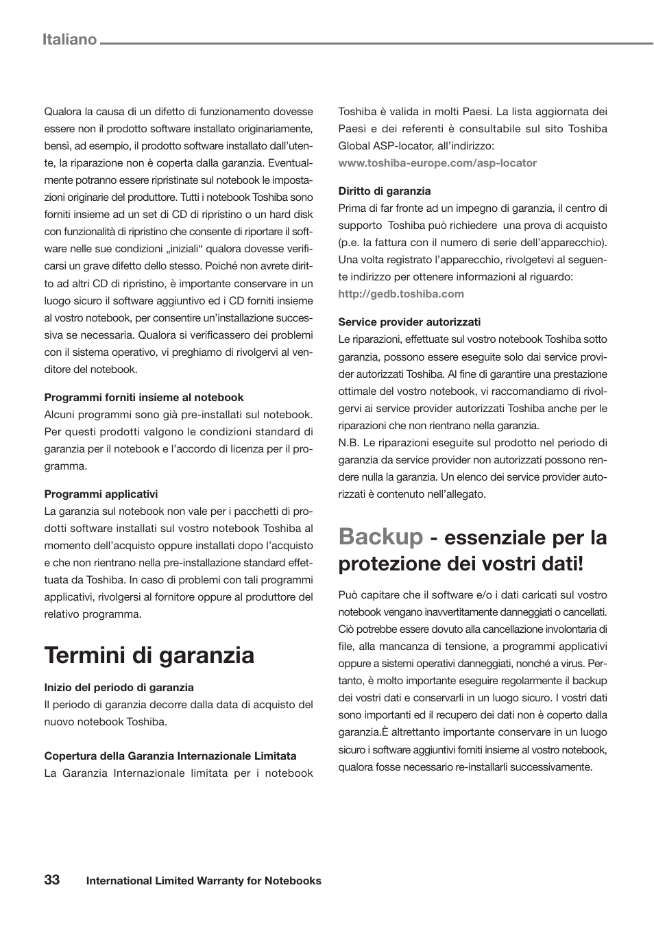 Termini di garanzia, Backup, Essenziale per la protezione dei vostri dati | Italiano | Toshiba Satellite Pro U300 User Manual | Page 33 / 191