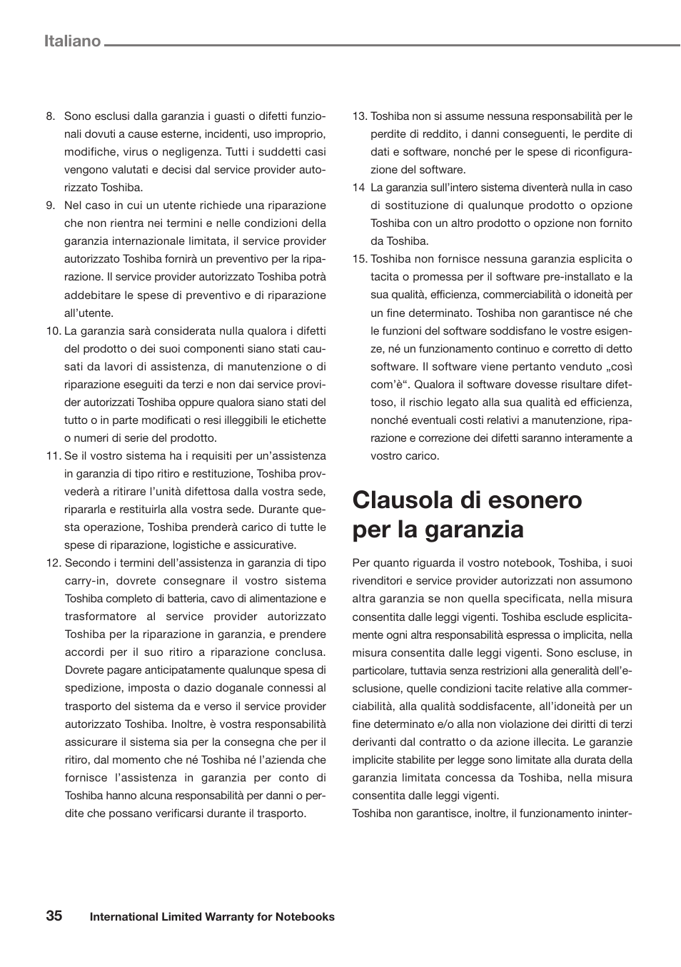 Clausola di esonero per la garanzia, Italiano | Toshiba Satellite Pro U300 User Manual | Page 35 / 191