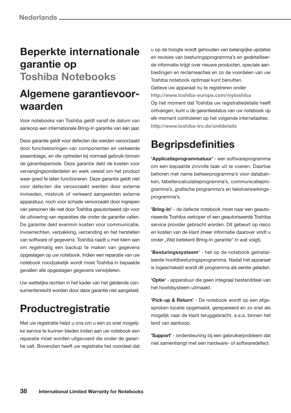 Nederlands, Productregistratie, Begripsdefinities | Toshiba Satellite Pro U300 User Manual | Page 38 / 191