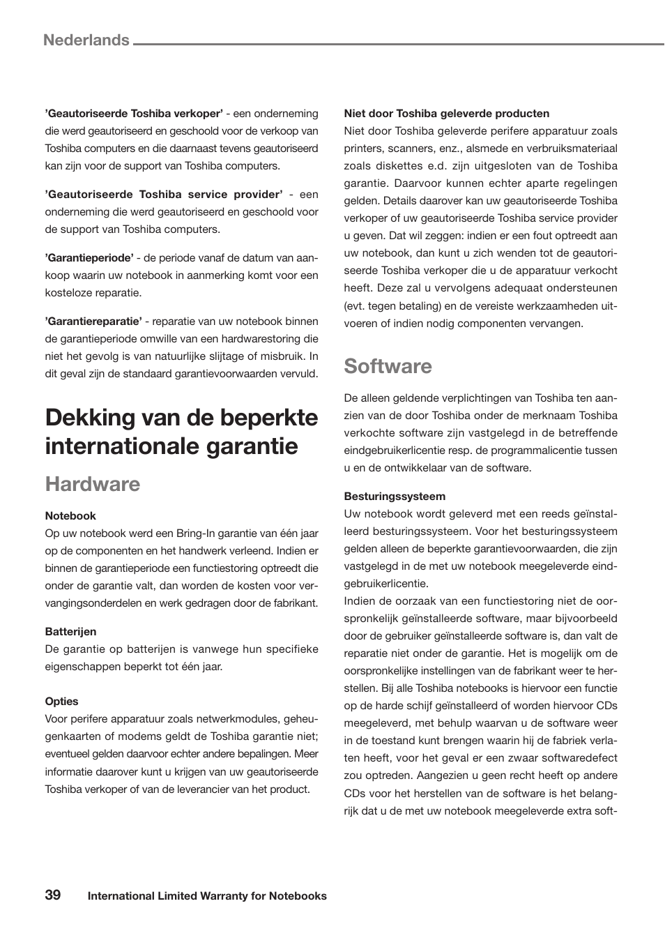 Dekking van de beperkte internationale garantie, Hardware, Software | Nederlands | Toshiba Satellite Pro U300 User Manual | Page 39 / 191