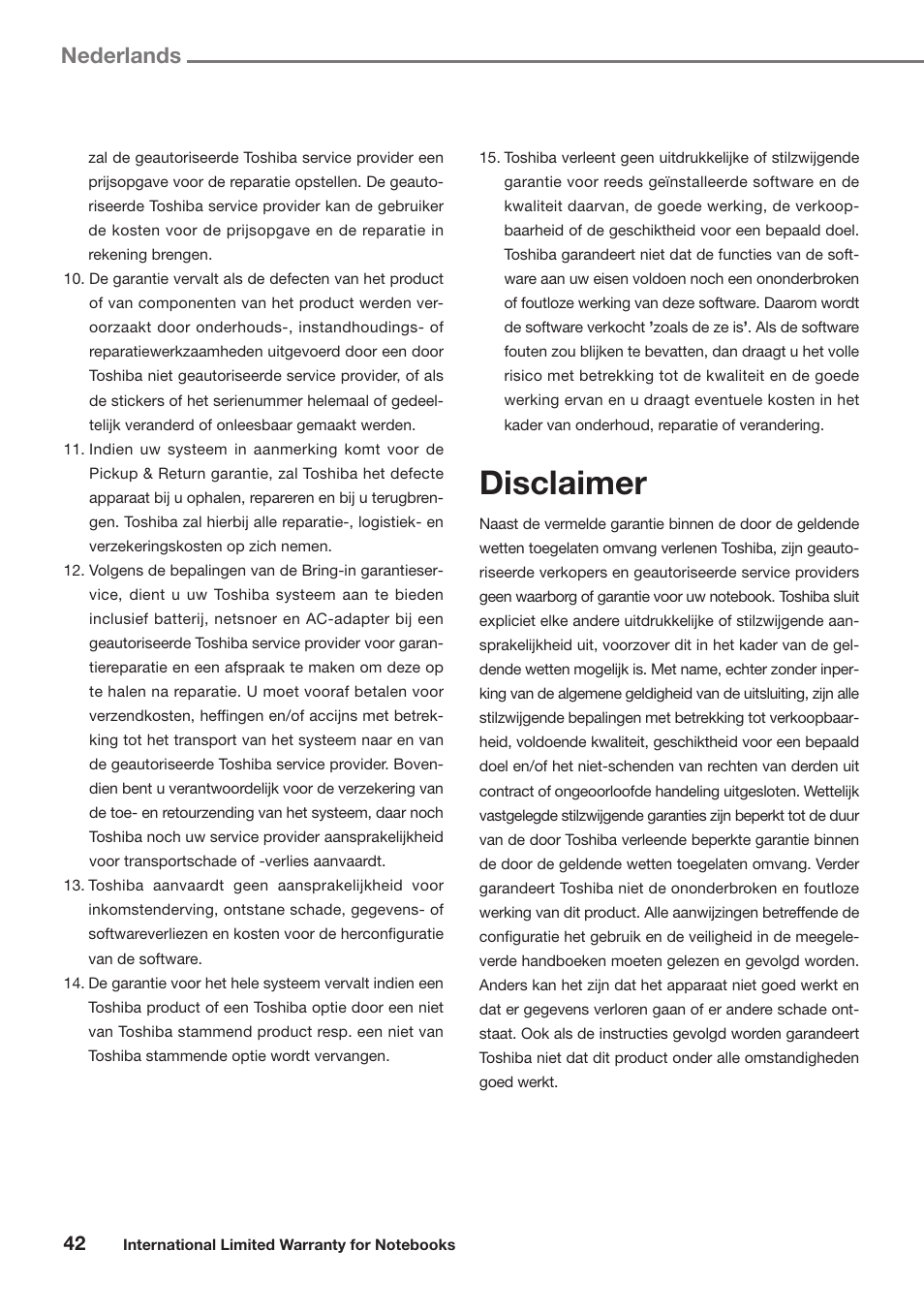 Disclaimer, Nederlands | Toshiba Satellite Pro U300 User Manual | Page 42 / 191