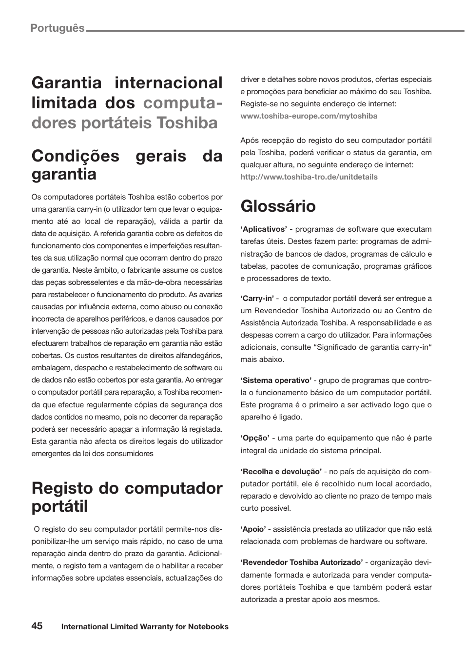 Portugues, Registo do computador portátil, Glossário | Português | Toshiba Satellite Pro U300 User Manual | Page 45 / 191