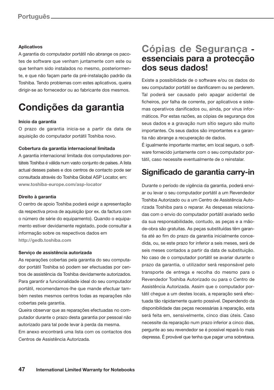 Condições da garantia, Cópias de segurança, Essenciais para a protecção dos seus dados | Significado de garantia carry-in, Português | Toshiba Satellite Pro U300 User Manual | Page 47 / 191