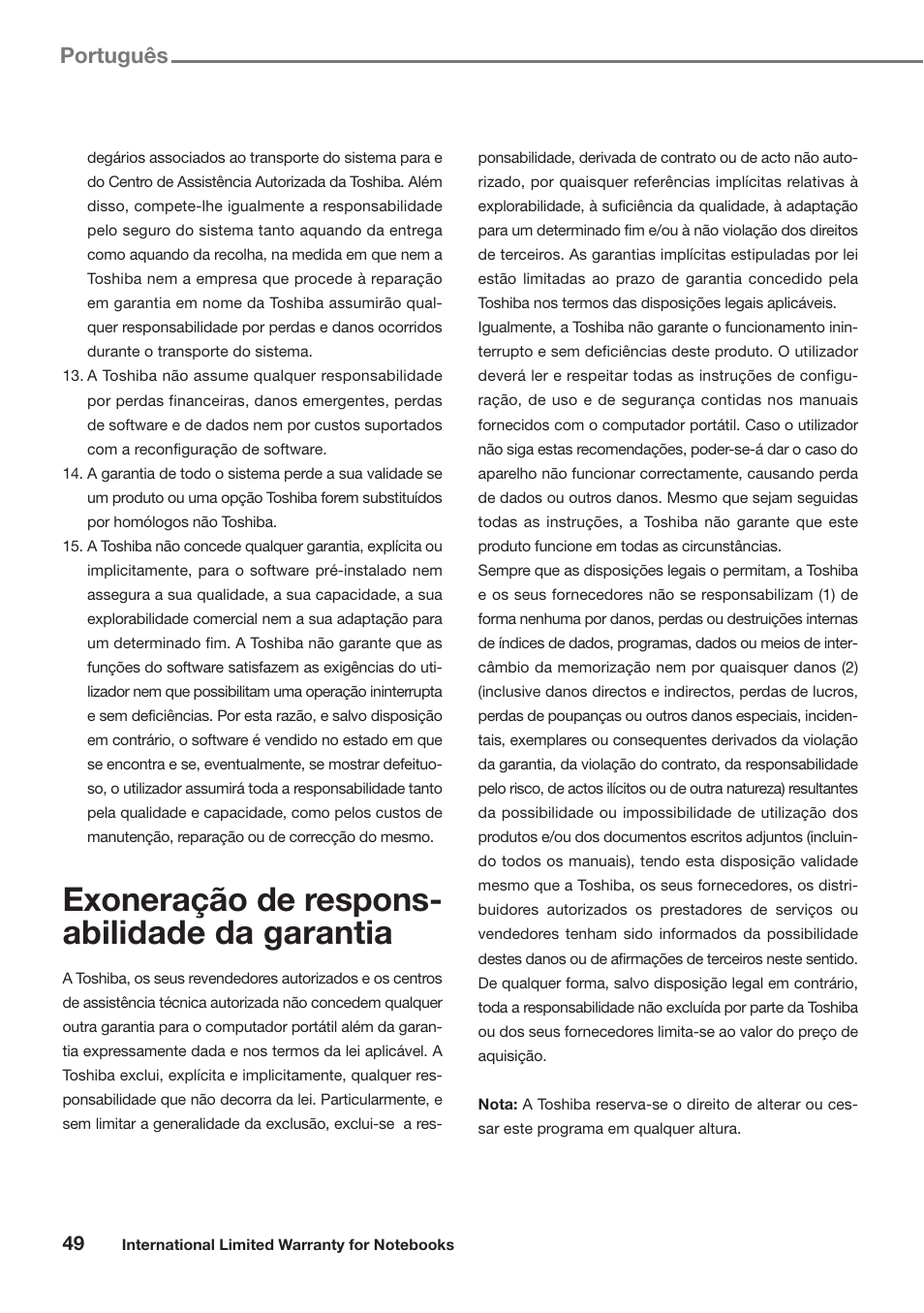 Exoneração de respons- abilidade da garantia, Português | Toshiba Satellite Pro U300 User Manual | Page 49 / 191