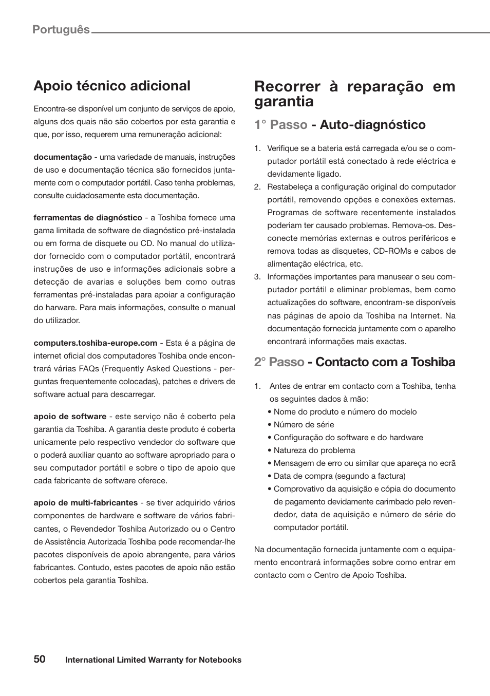 Recorrer à reparação em garantia, Apoio técnico adicional, 1° passo - auto-diagnóstico | 2° passo - contacto com a toshiba, Português | Toshiba Satellite Pro U300 User Manual | Page 50 / 191