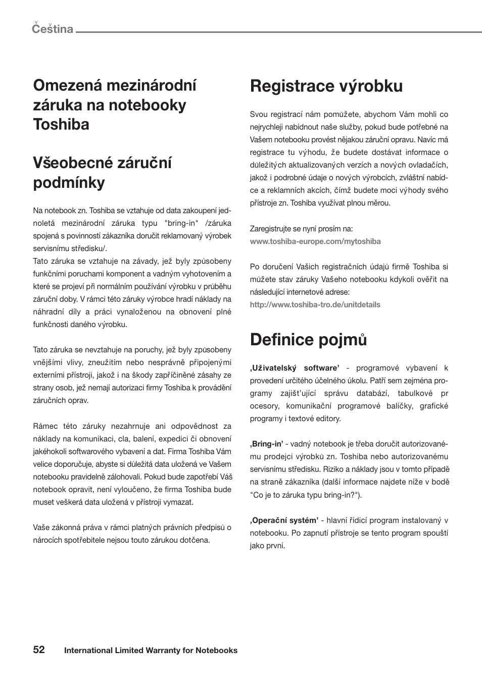 Cestina, Registrace vy´robku, Definice pojm | Toshiba Satellite Pro U300 User Manual | Page 52 / 191