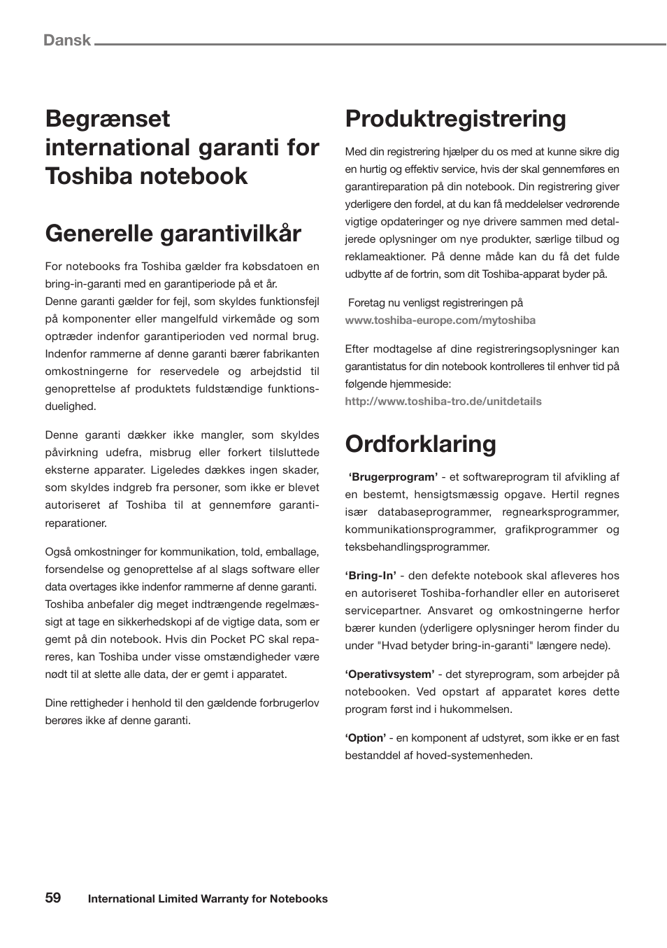 Dansk, Produktregistrering, Ordforklaring | Toshiba Satellite Pro U300 User Manual | Page 59 / 191