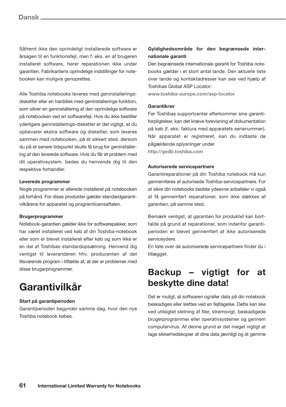 Garantivilkår, Backup – vigtigt for at beskytte dine data, Dansk | Toshiba Satellite Pro U300 User Manual | Page 61 / 191