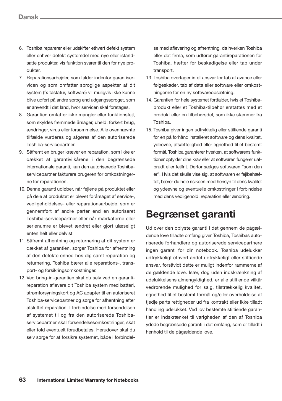 Begrænset garanti, Dansk | Toshiba Satellite Pro U300 User Manual | Page 63 / 191