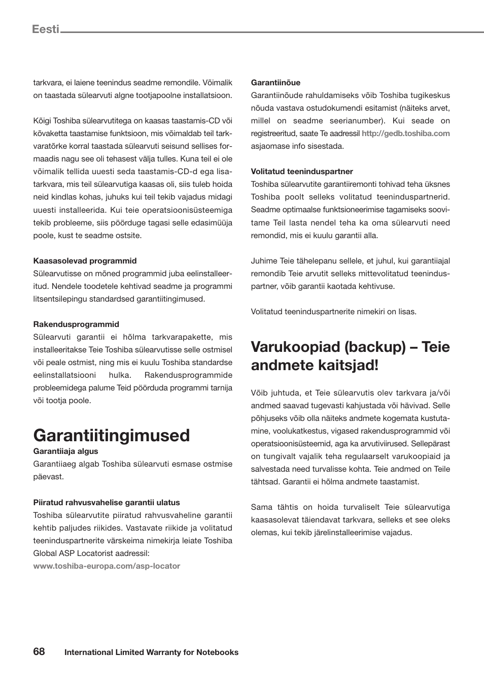 Garantiitingimused, Varukoopiad (backup) – teie andmete kaitsjad, Eesti | Toshiba Satellite Pro U300 User Manual | Page 68 / 191