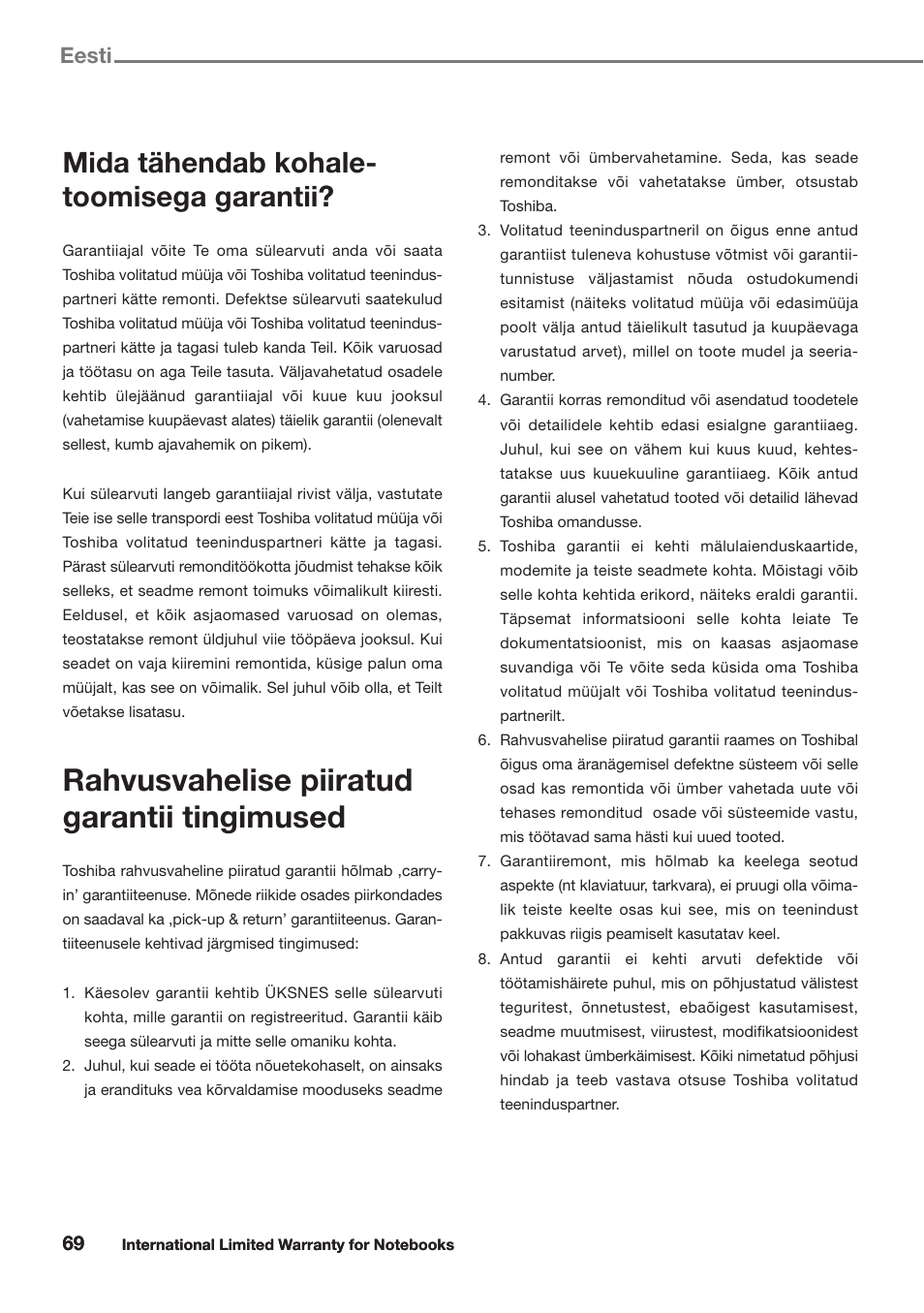 Rahvusvahelise piiratud garantii tingimused, Mida tähendab kohale- toomisega garantii, Eesti | Toshiba Satellite Pro U300 User Manual | Page 69 / 191