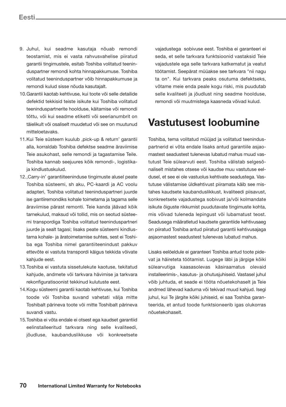 Vastutusest loobumine, Eesti | Toshiba Satellite Pro U300 User Manual | Page 70 / 191