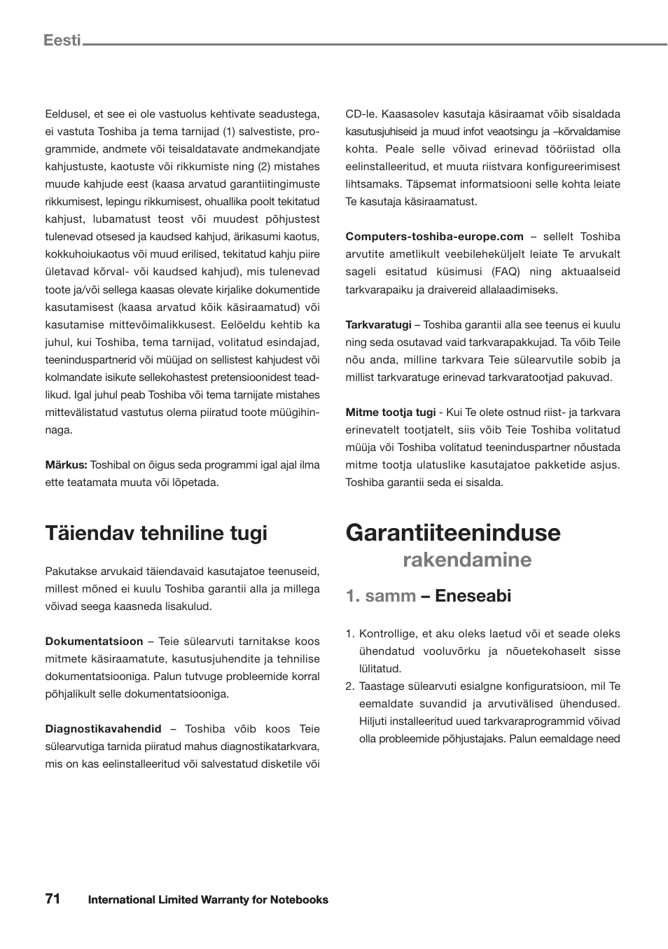 Garantiiteeninduse, Täiendav tehniline tugi, Rakendamine | Samm – eneseabi, Eesti | Toshiba Satellite Pro U300 User Manual | Page 71 / 191